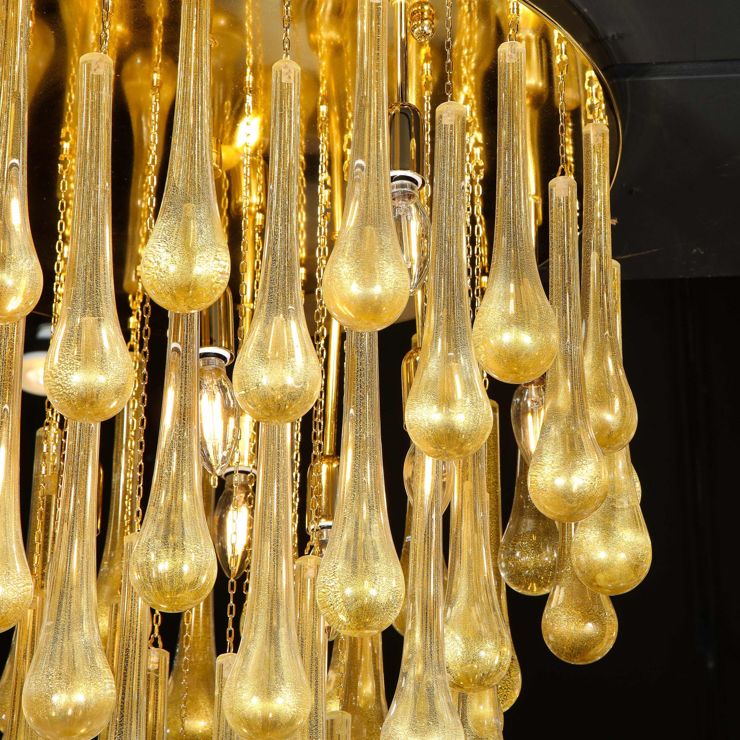 Contemporary Modernist Polished Brass & Handblown Champagne Murano Glass Teardrop Flush Mount For Sale