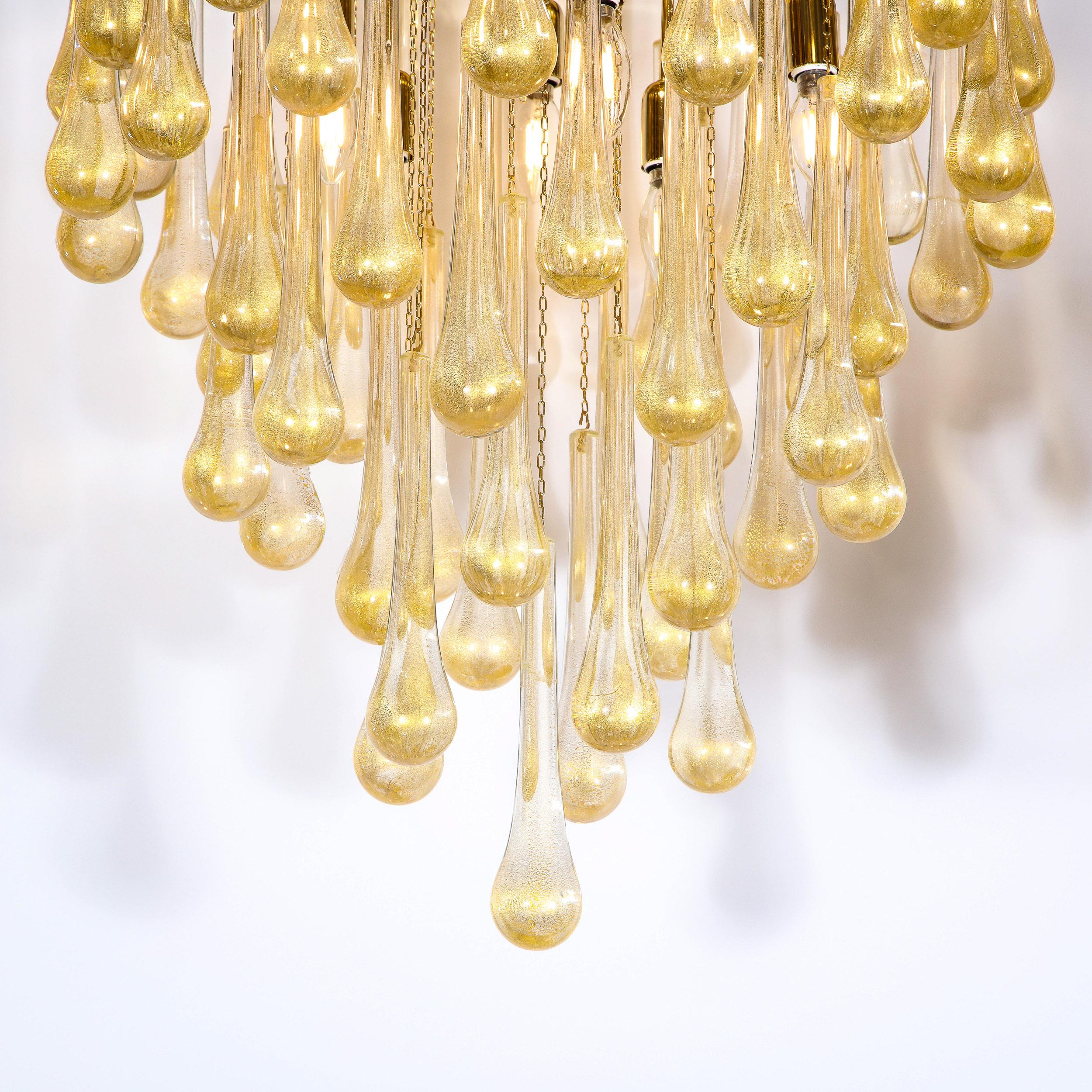 Modernist Polished Brass & Handblown Champagne Murano Glass Teardrop Flush Mount For Sale 3