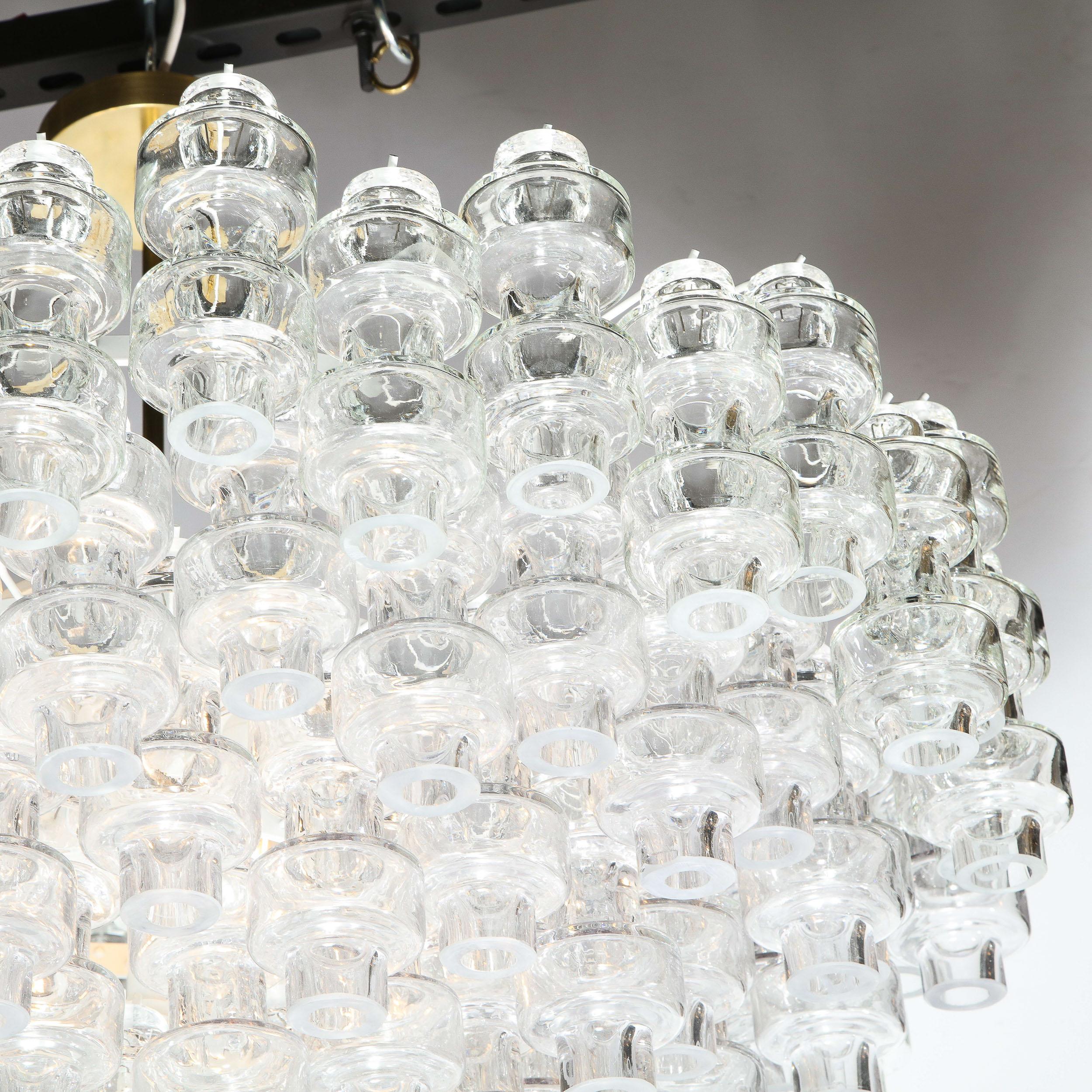 Contemporary Modernist Polished Brass & Translucent Handblown Murano Glass Barbell Chandelier