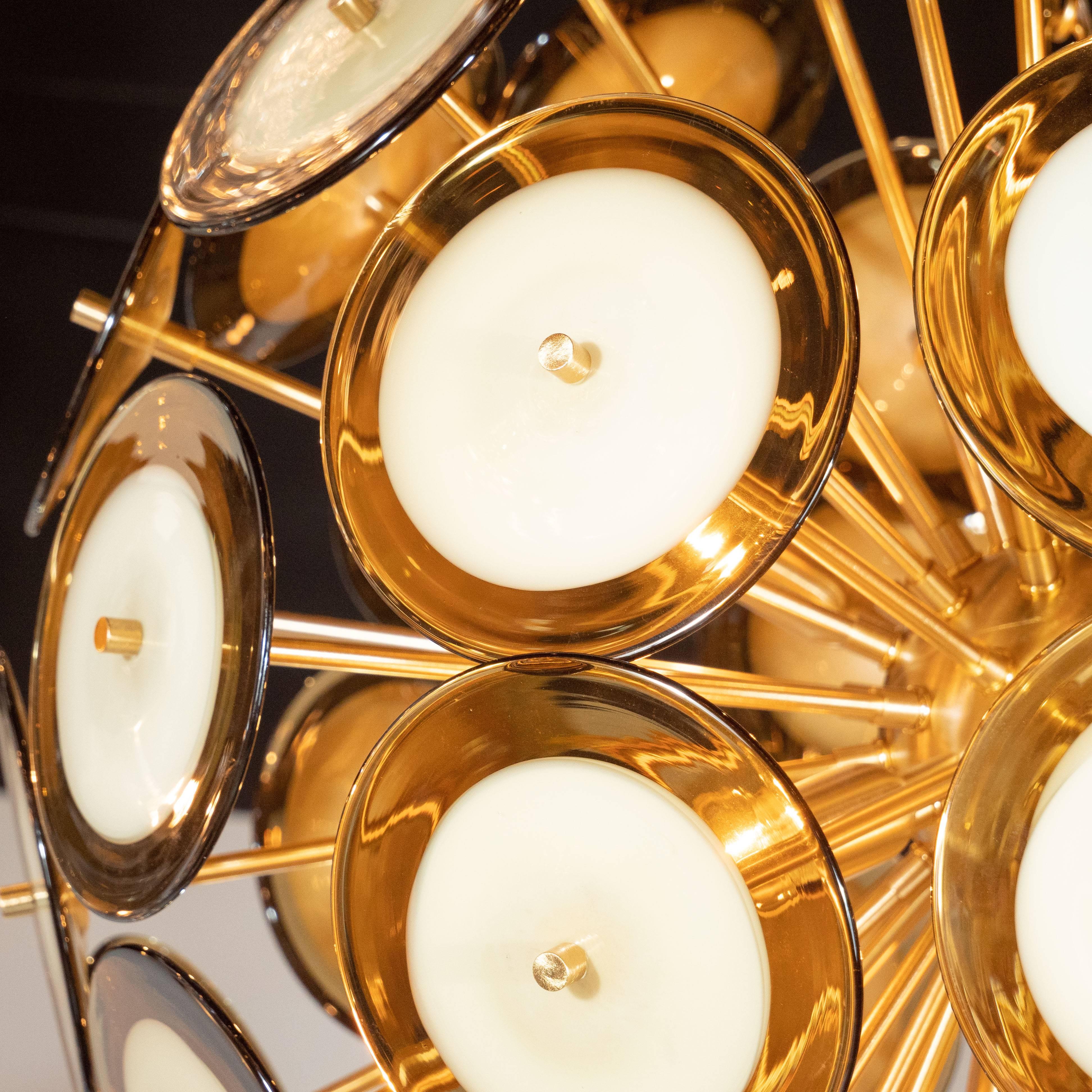 Modernist Polished Brass Chandelier with Handblown Murano Topaz Discs For Sale 5
