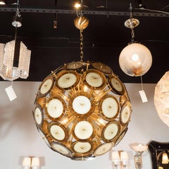 Modernist Polished Brass Chandelier with Handblown Murano Topaz Discs
