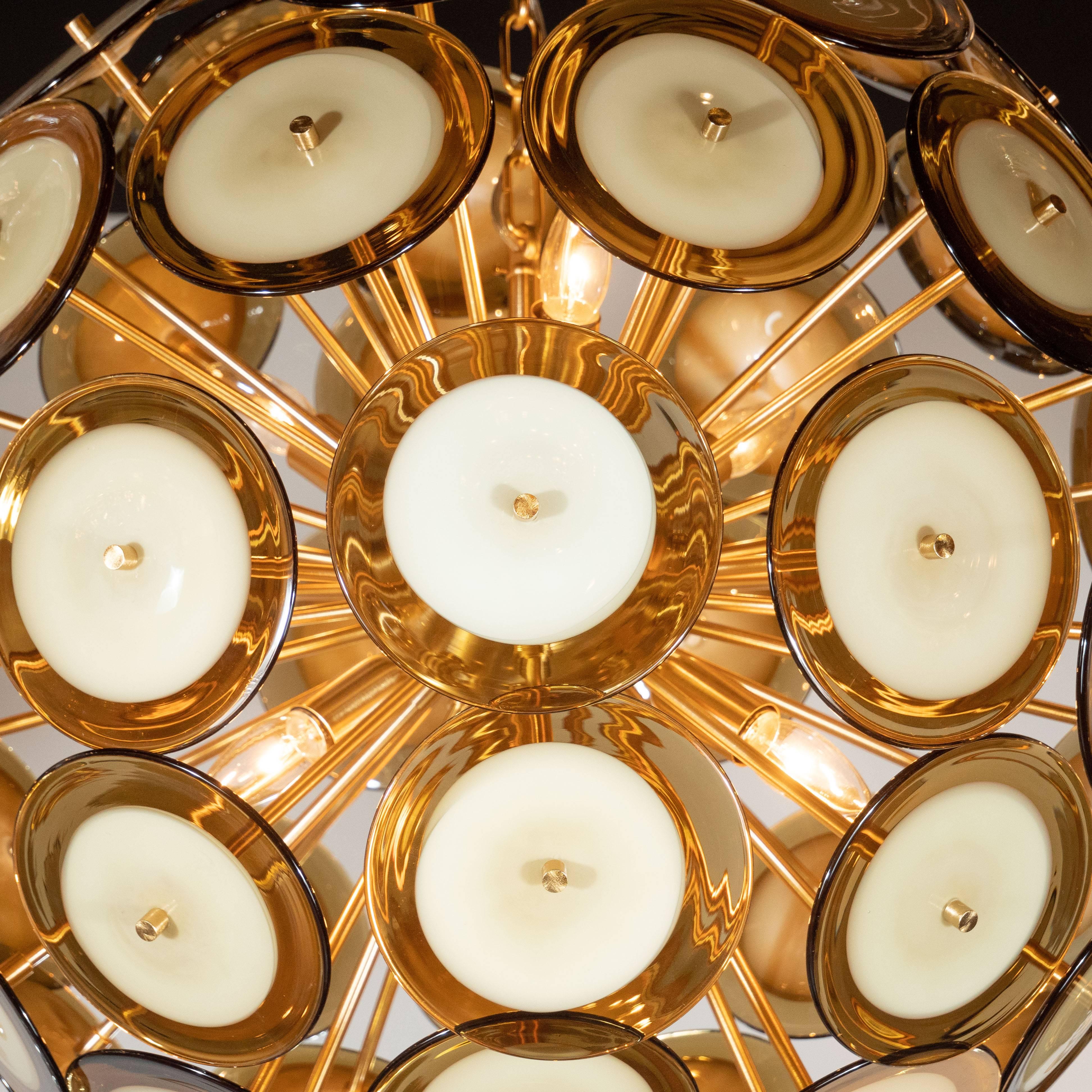 Italian Modernist Polished Brass Chandelier with Handblown Murano Topaz Discs For Sale