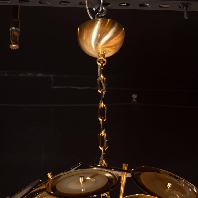Modernist Polished Brass Chandelier with Handblown Murano Topaz Discs