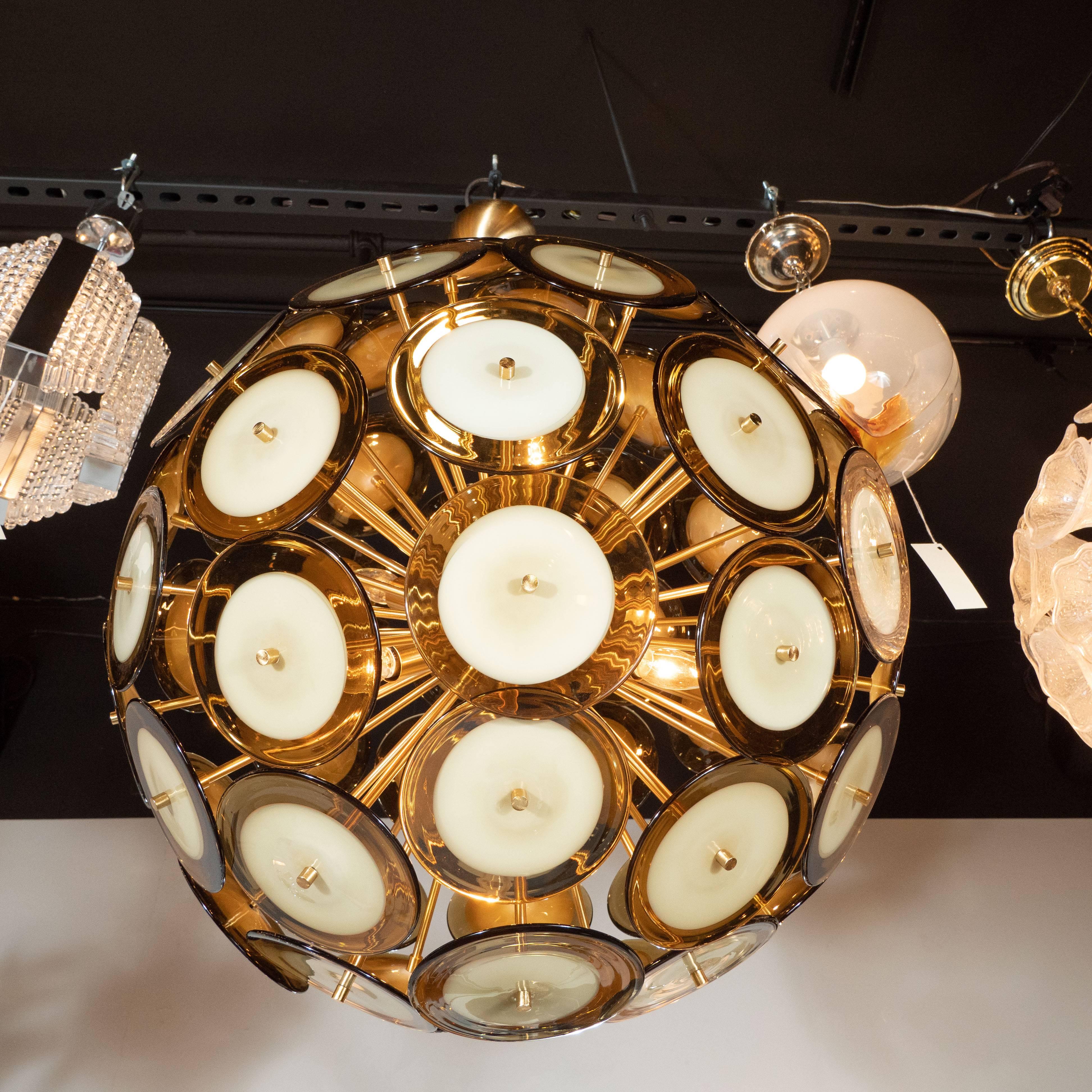 Modernist Polished Brass Chandelier with Handblown Murano Topaz Discs For Sale 1