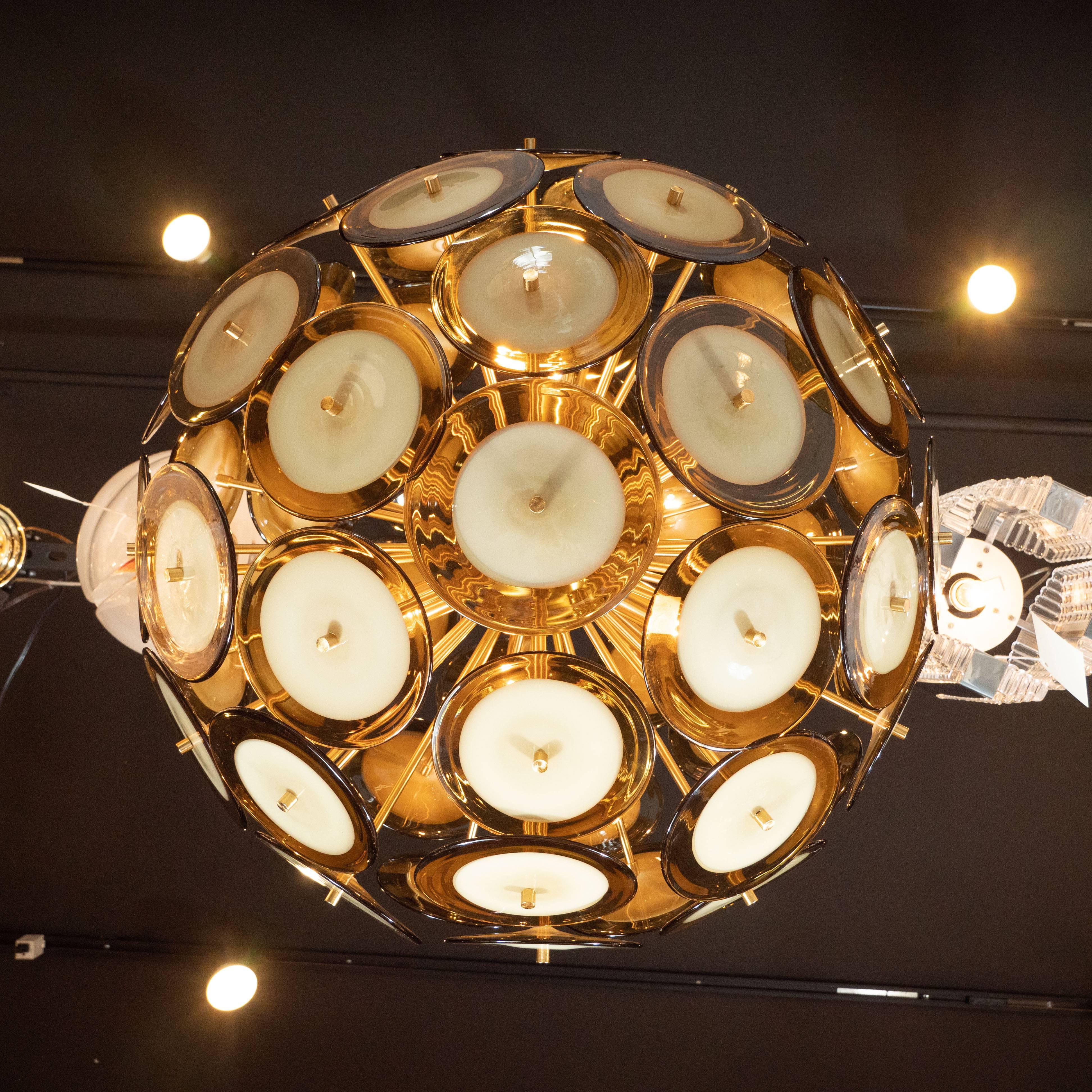Modernist Polished Brass Chandelier with Handblown Murano Topaz Discs For Sale 3