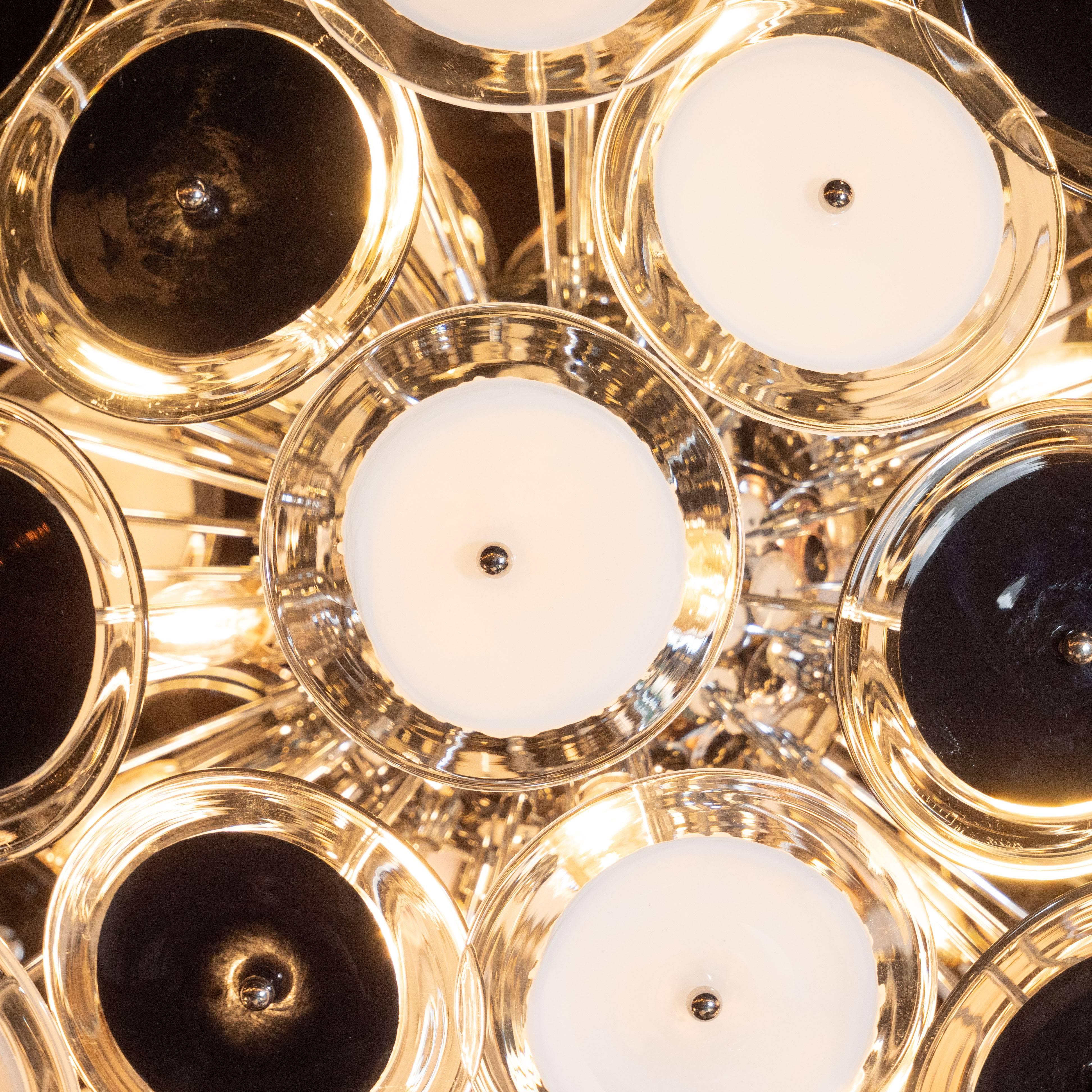 Modernist Polished Chrome Chandelier with Handblown Murano Black and White Discs In Excellent Condition For Sale In New York, NY