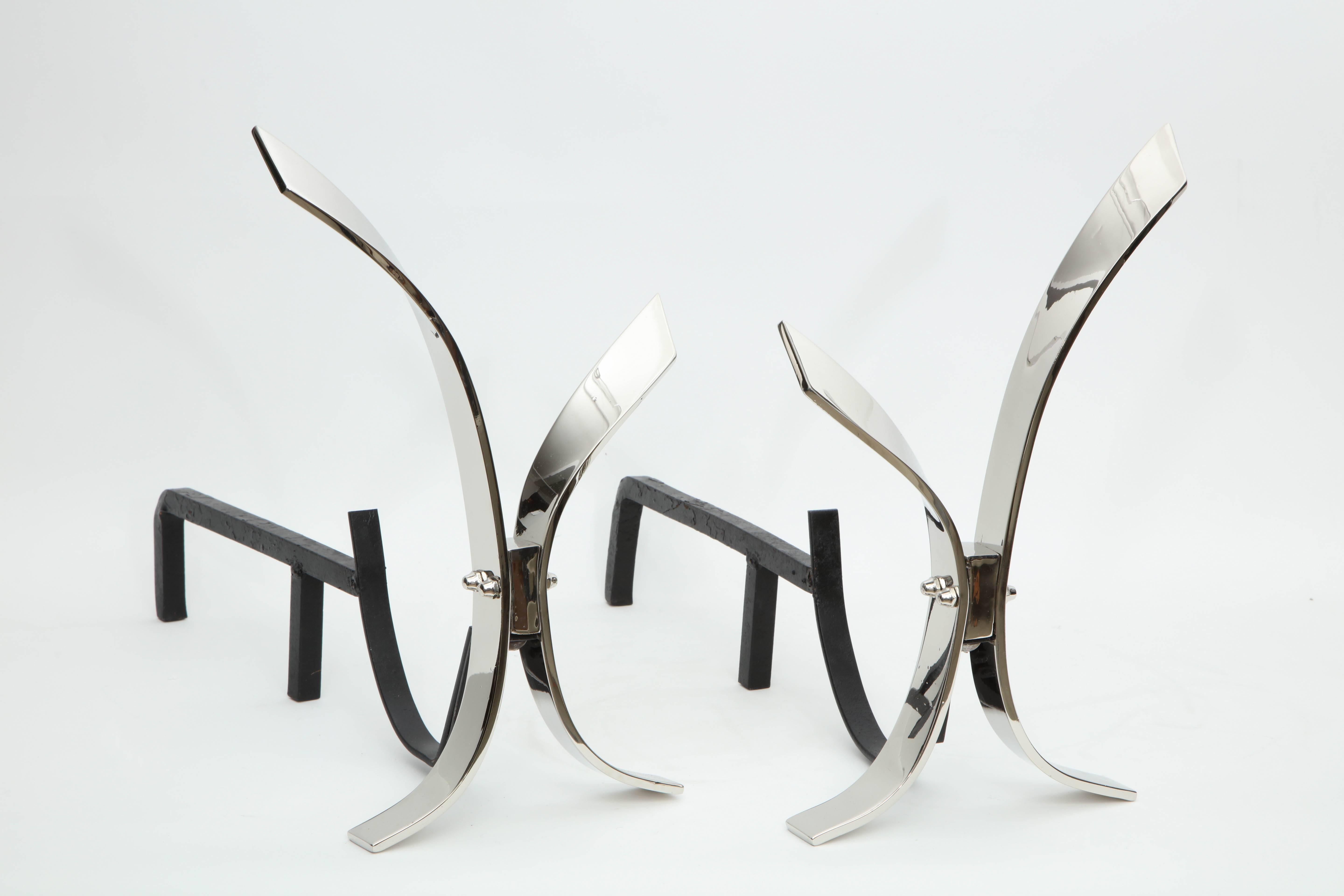American Modernist Polished Nickel Andirons For Sale