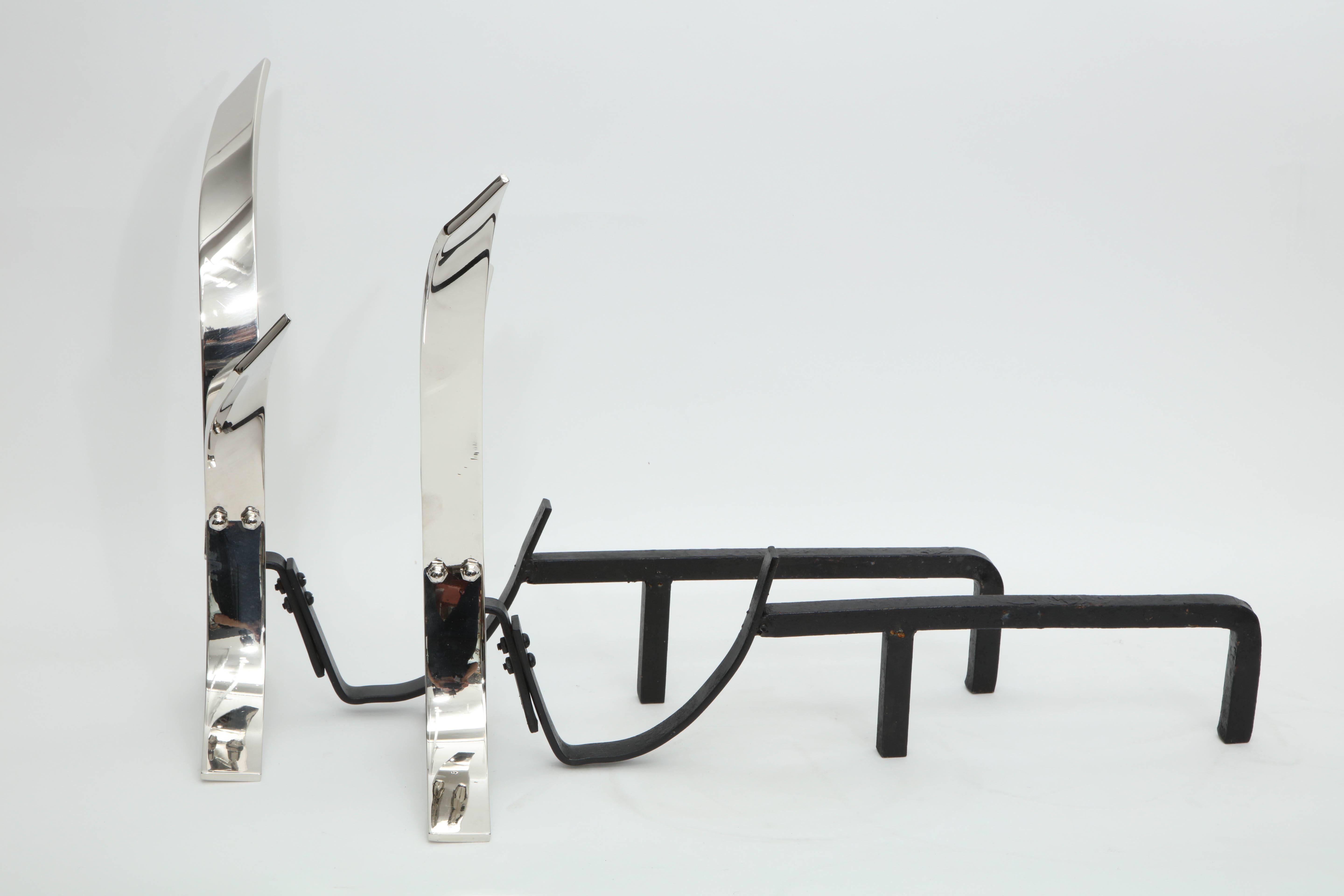 Modernist Polished Nickel Andirons In Excellent Condition For Sale In New York, NY