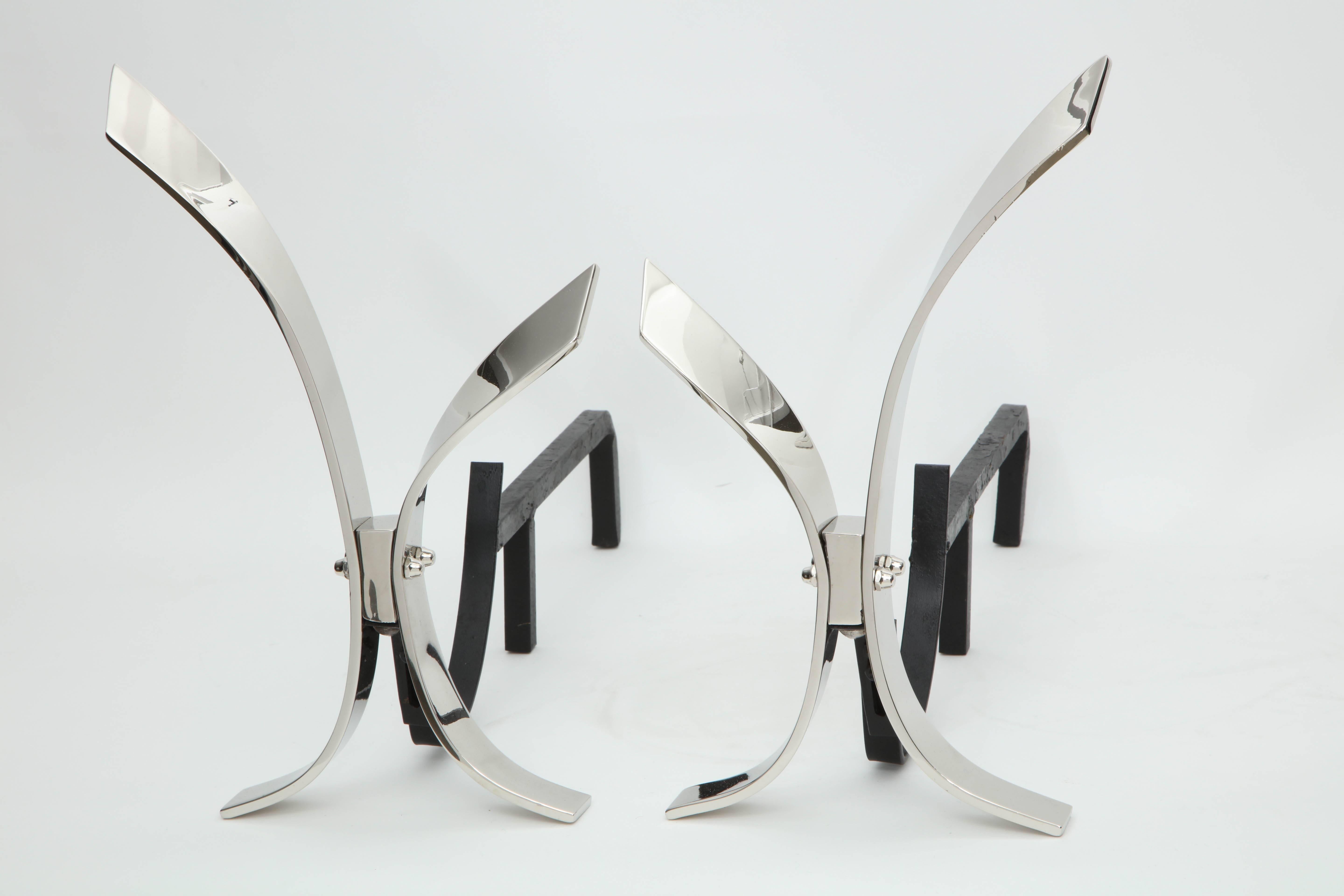 20th Century Modernist Polished Nickel Andirons For Sale