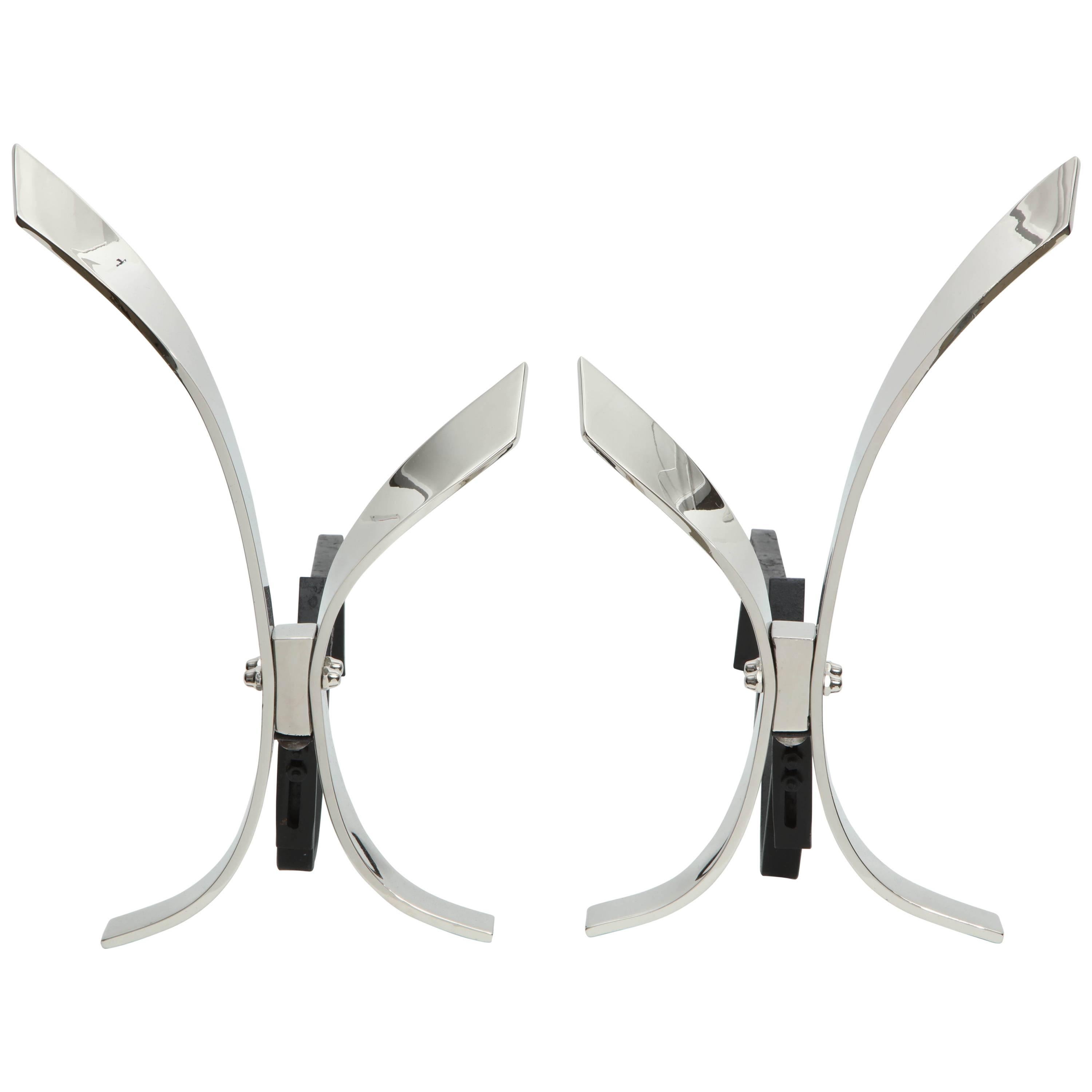 Modernist Polished Nickel Andirons