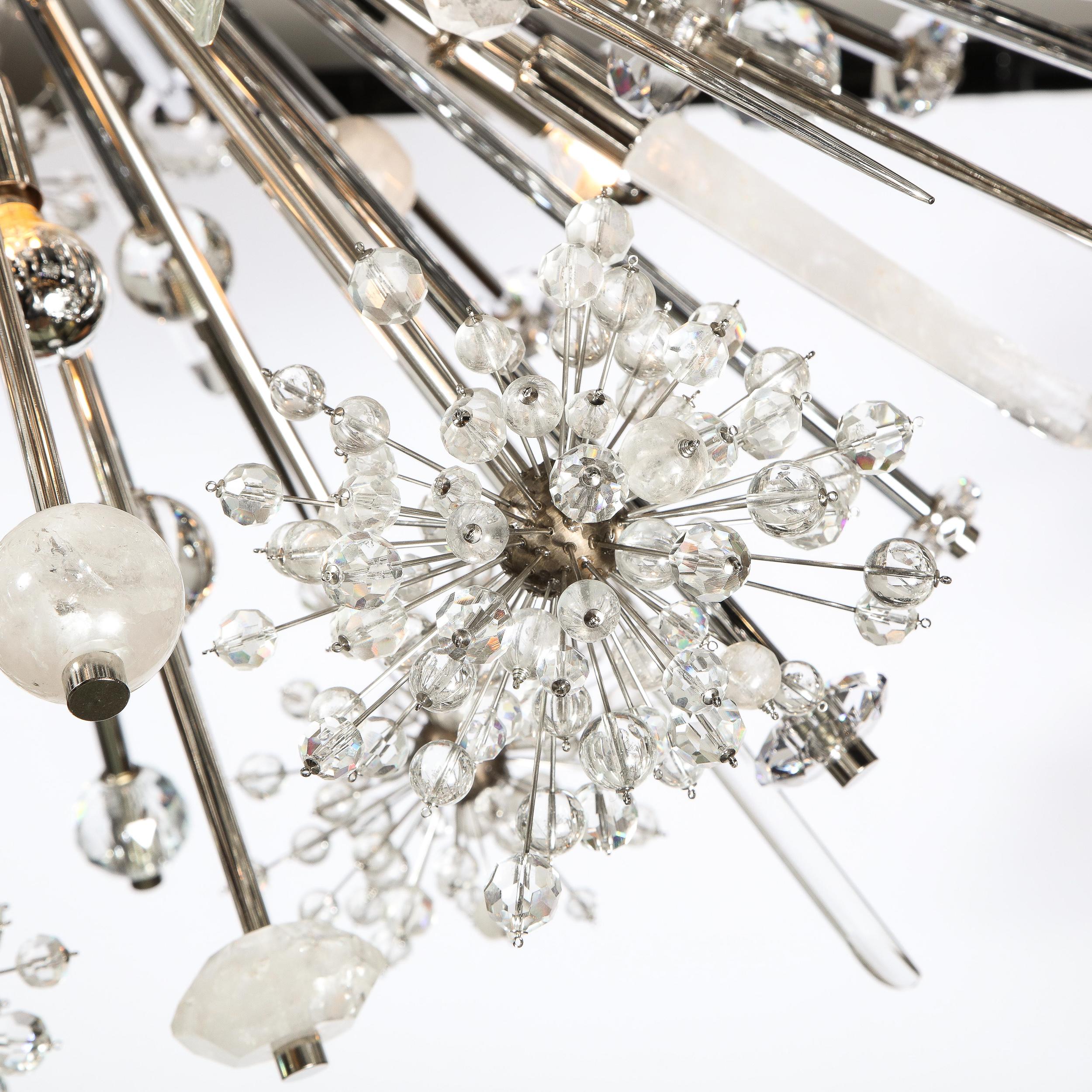Modernist Polished Nickel & Faceted Rock Crystal Chandelier with Quartz Obelisks In Excellent Condition For Sale In New York, NY