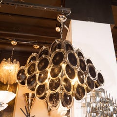 Lampadario a disco modernista in nichel lucido e vetro trasparente e nero di Murano soffiato a mano