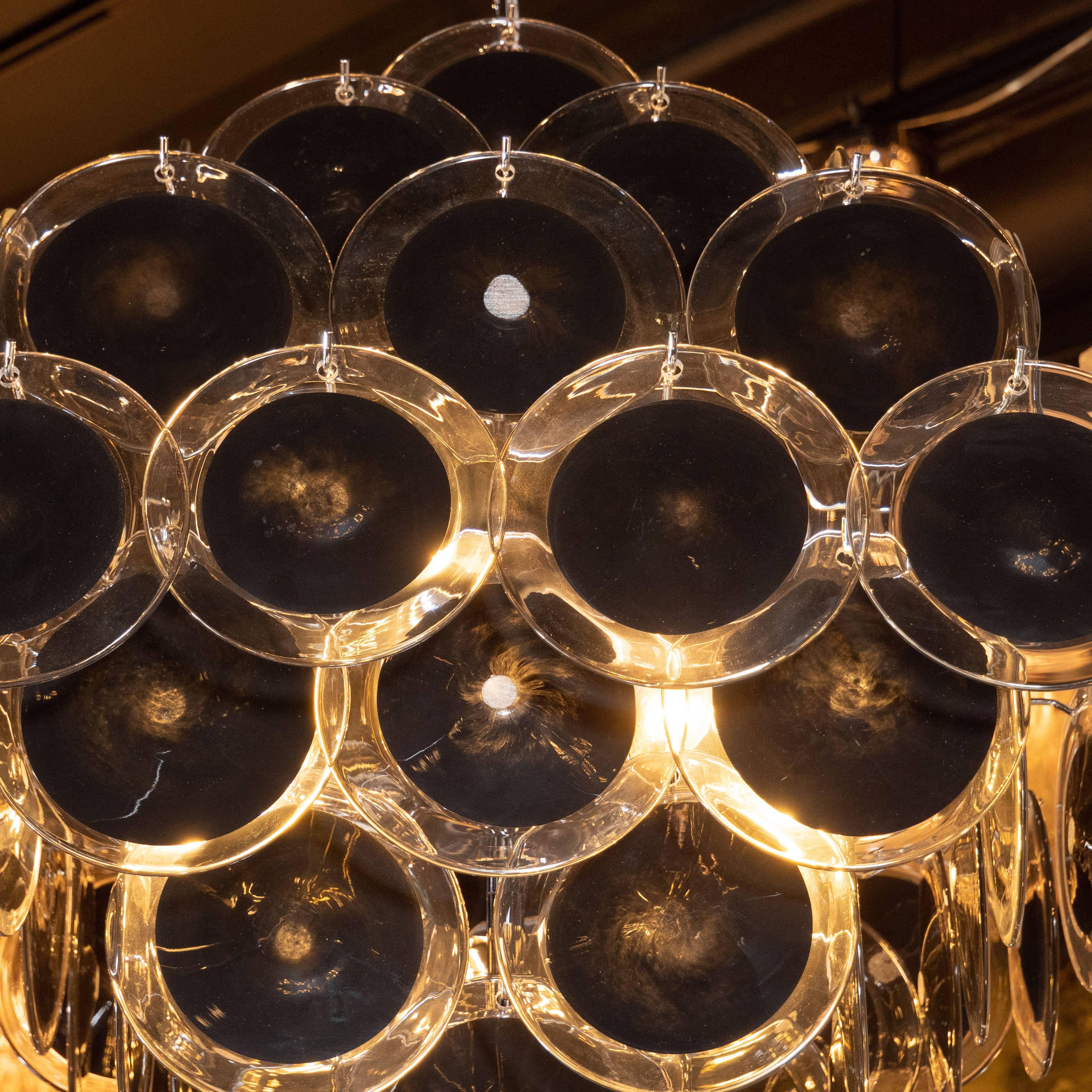 Modernist Polished Nickel & Handblown Murano Black & Clear Glass Disc Chandelier In Excellent Condition In New York, NY