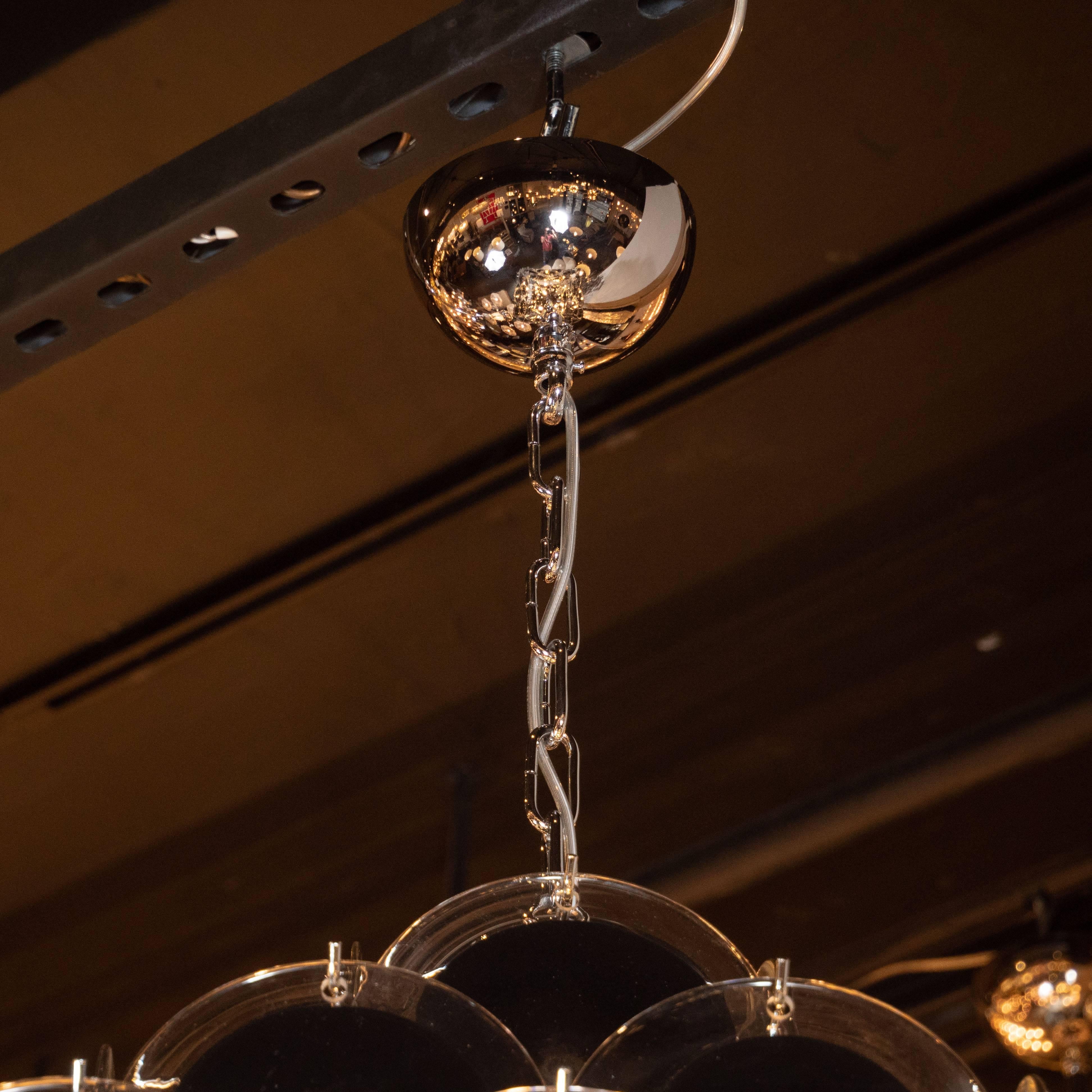 Contemporary Modernist Polished Nickel & Handblown Murano Black & Clear Glass Disc Chandelier