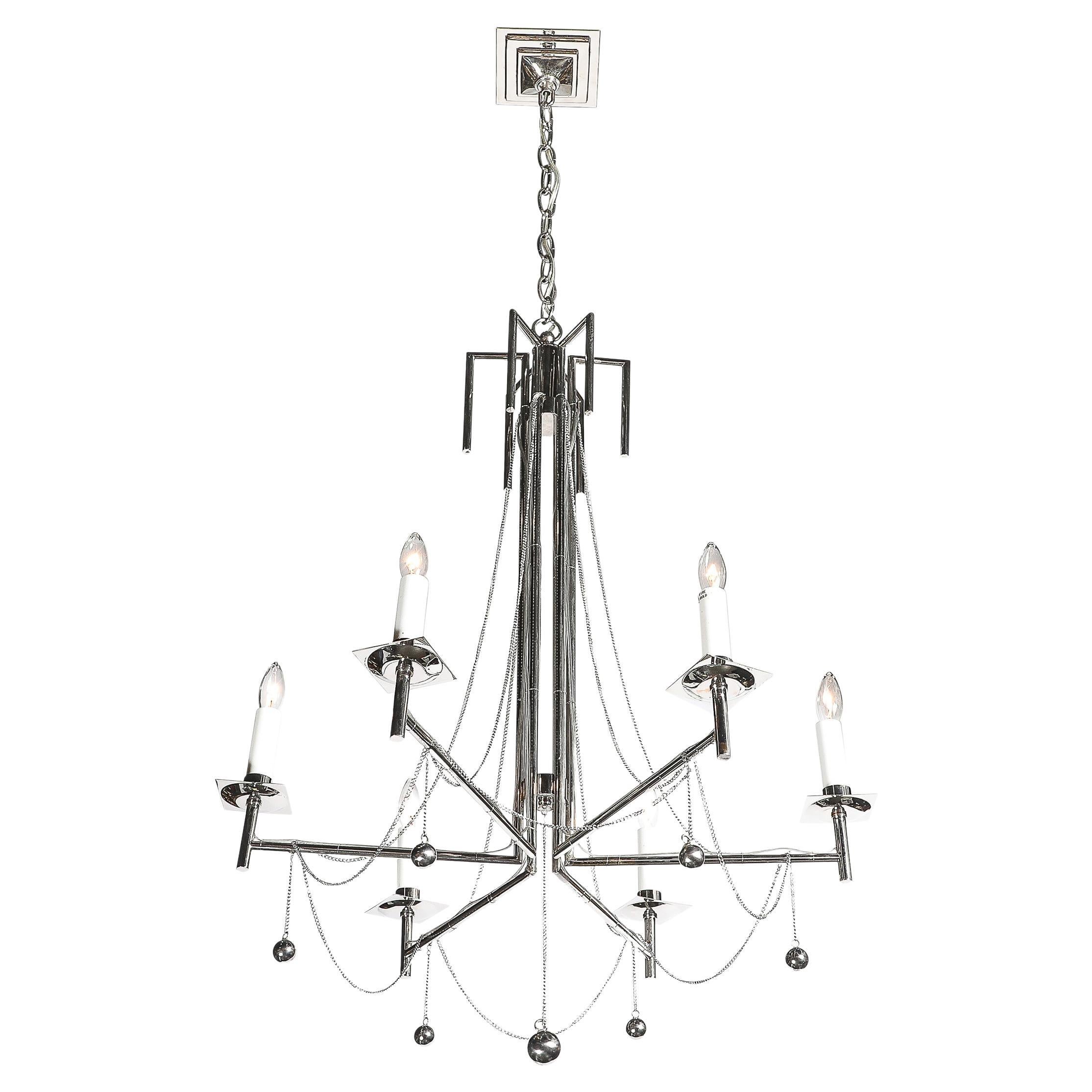Modernist Polished Nickel Six Arm Chandelier w/ Chain & Spherical Detailing