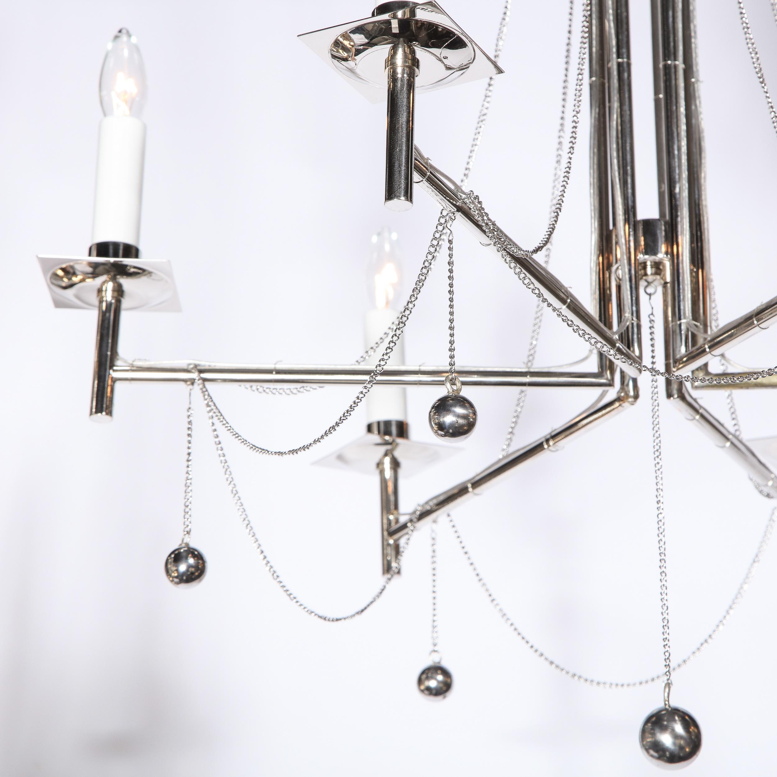 Modernist Polished Nickel Six Arm Chandelier with Chain and Spherical Details In Excellent Condition For Sale In New York, NY