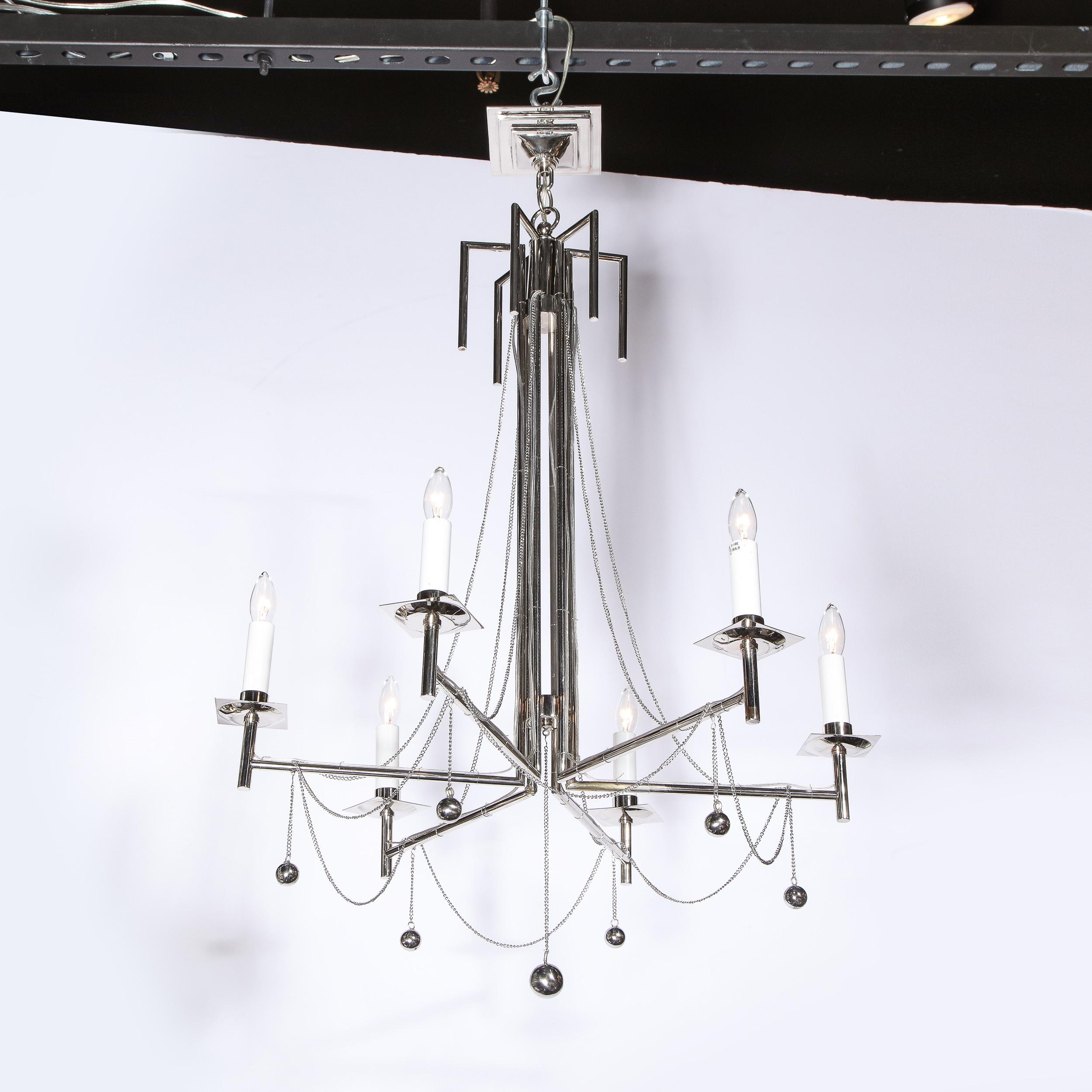 20th Century Modernist Polished Nickel Six Arm Chandelier with Chain and Spherical Details For Sale