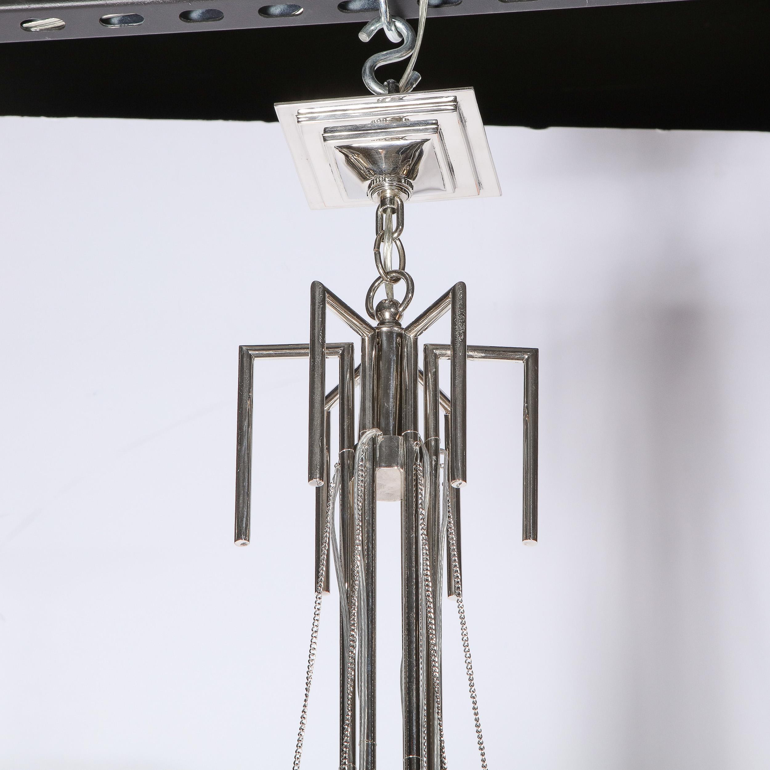 Modernist Polished Nickel Six Arm Chandelier with Chain and Spherical Details 2