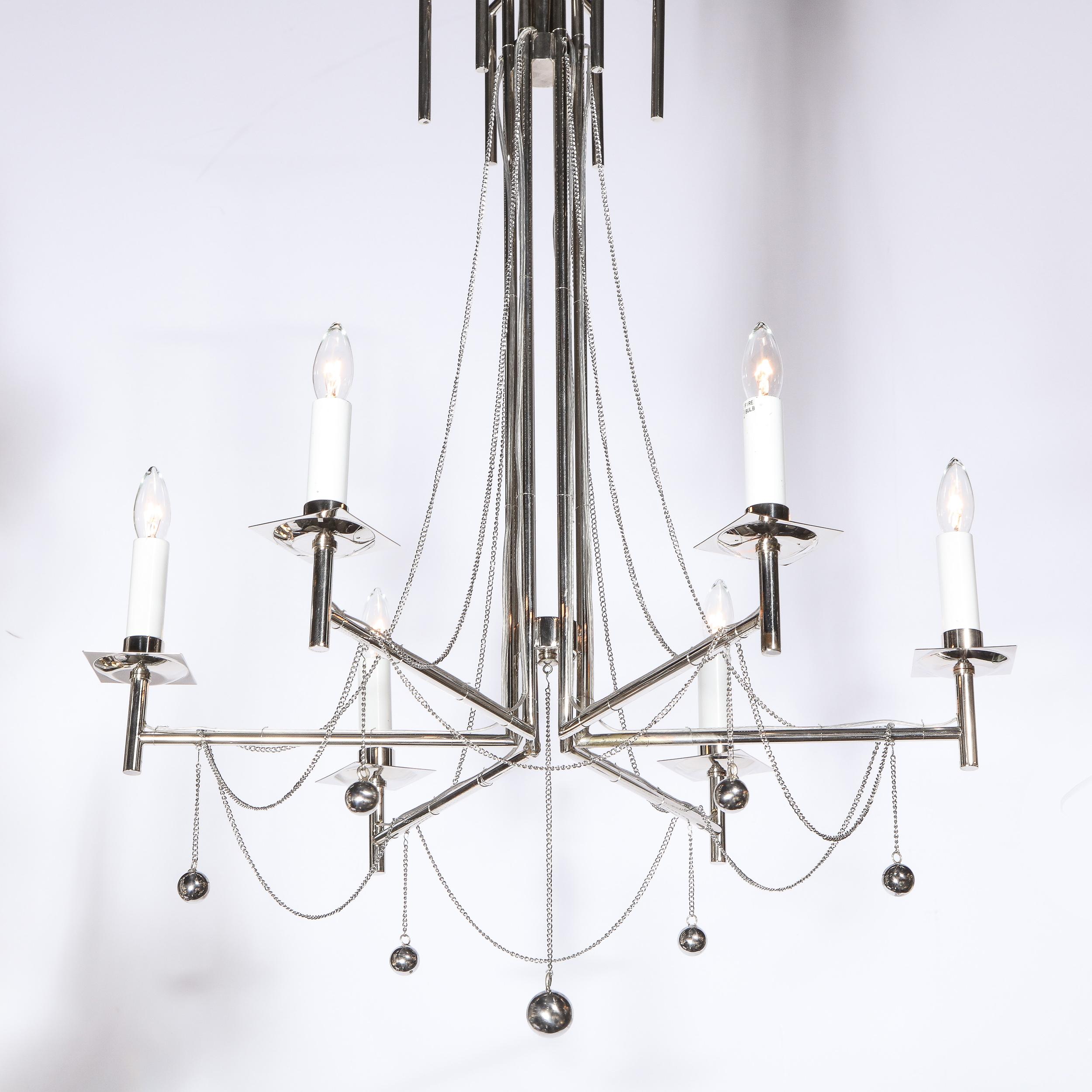 Modernist Polished Nickel Six Arm Chandelier with Chain and Spherical Details 3