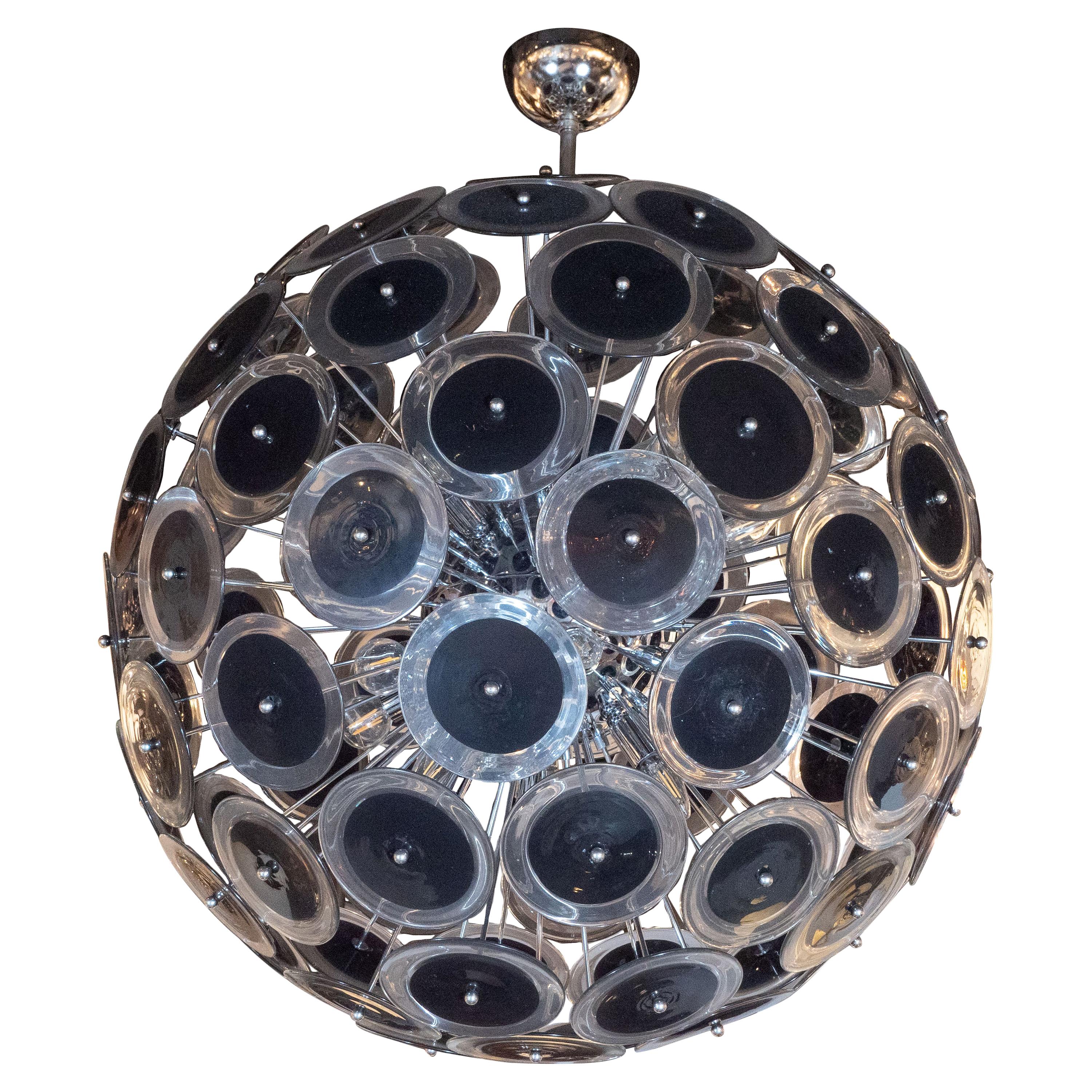 Lustre moderniste en nickel poli Vistosi avec disques noirs soufflés à la main de Murano en vente