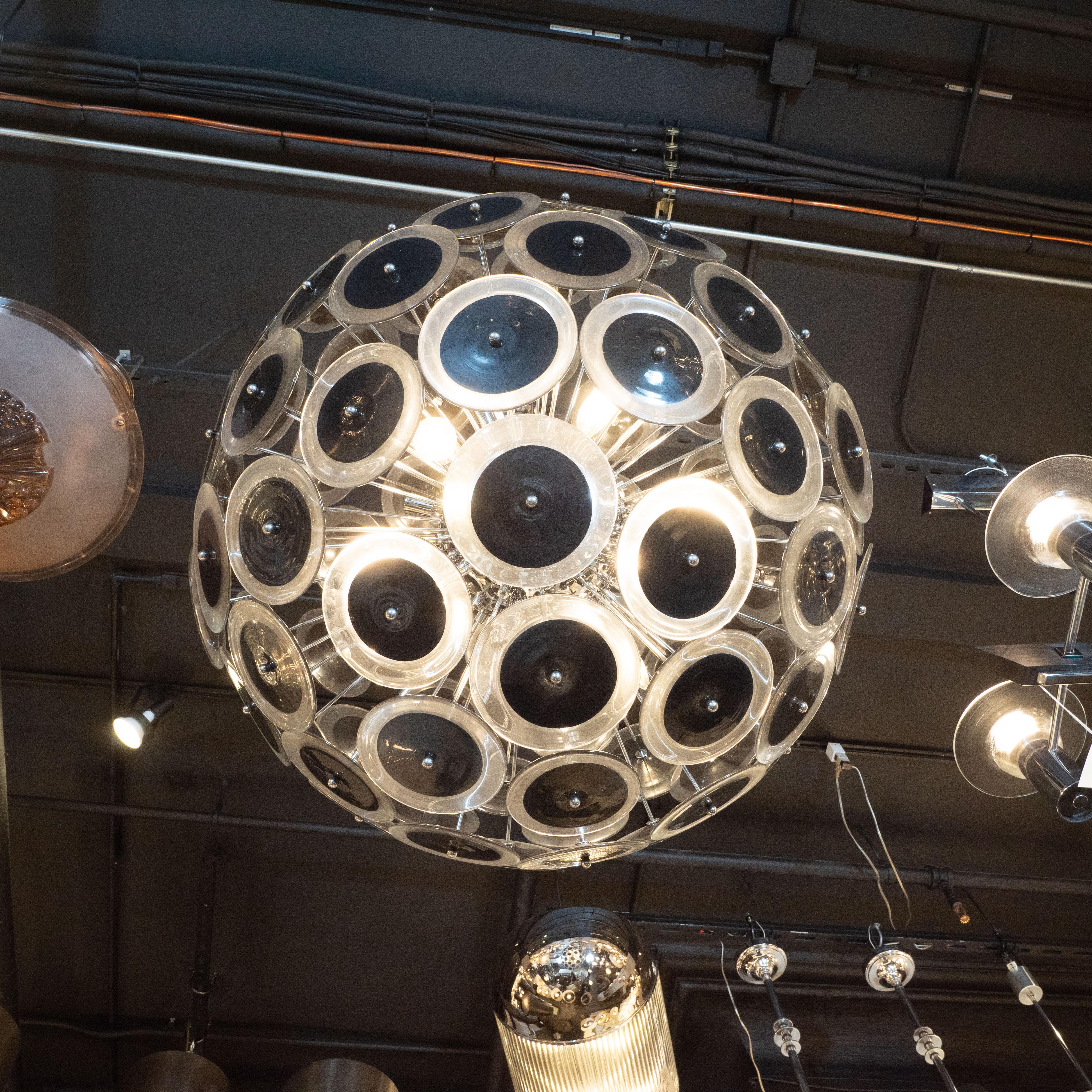 Contemporary Modernist Polished Nickel Vistosi Chandelier with Hand Blown Murano Black Discs For Sale