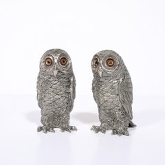 Modernist Polished Pewter and Amber Glass Owl Salt and Pepper Shakers