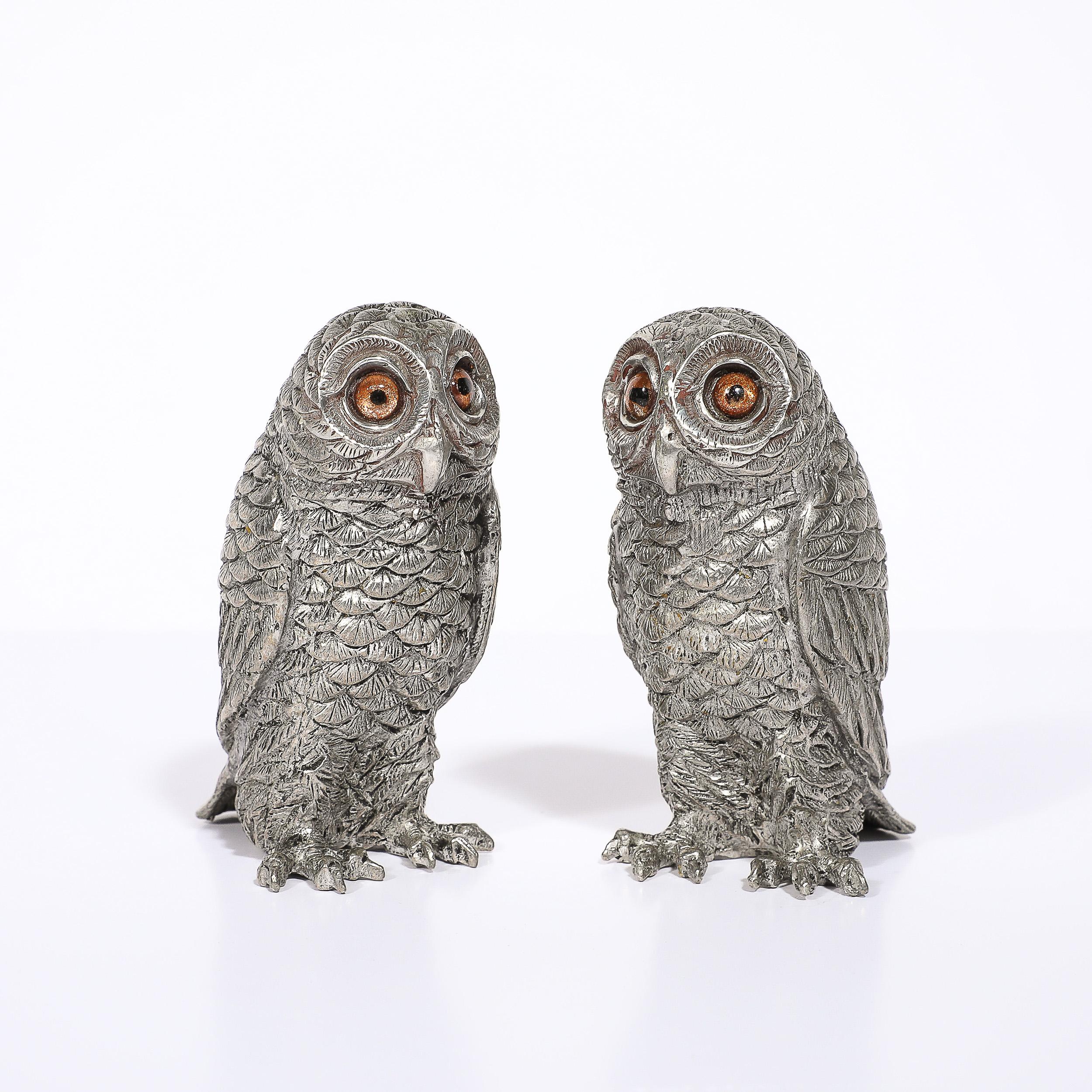 American Modernist Polished Pewter and Amber Glass Owl Salt and Pepper Shakers