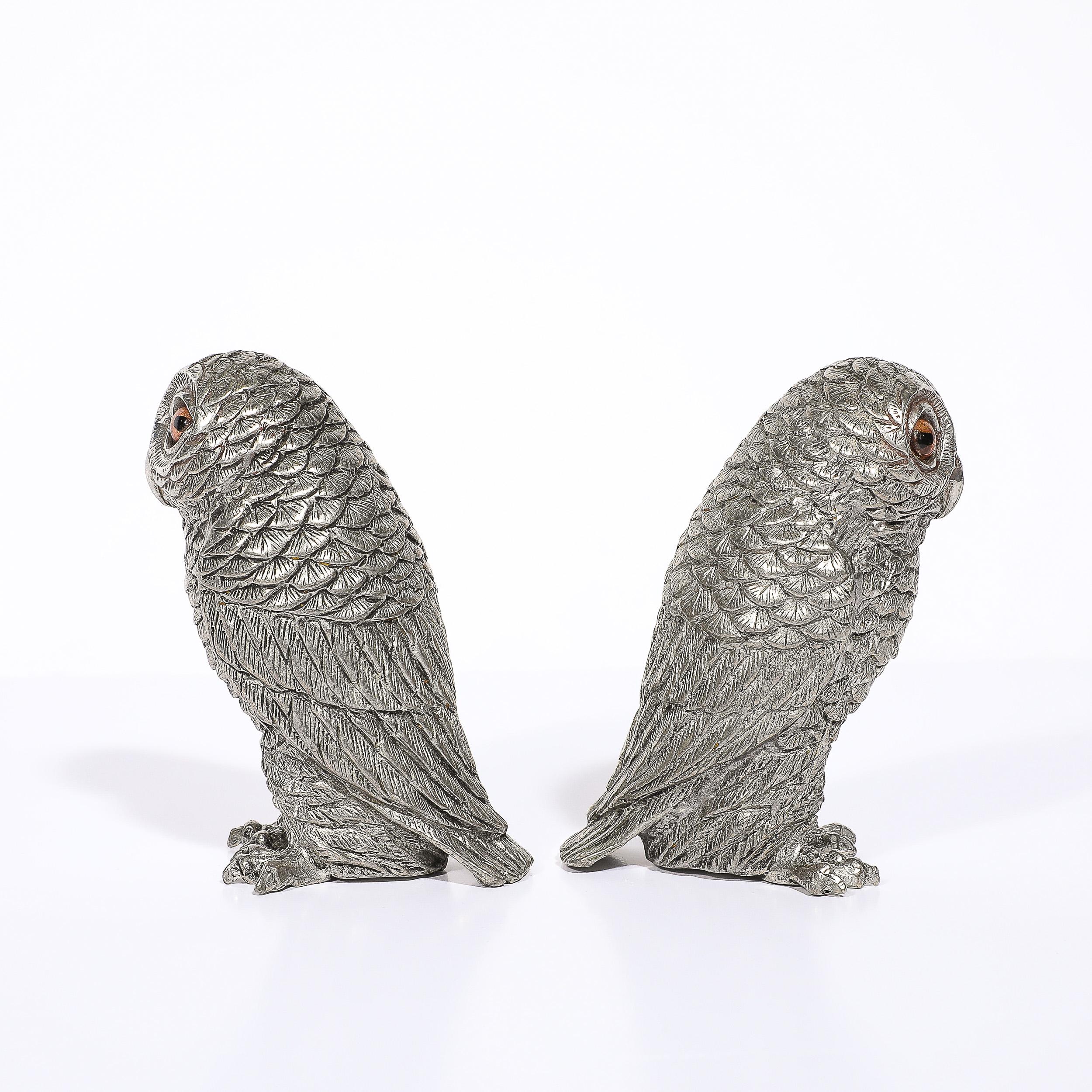 Modernist Polished Pewter and Amber Glass Owl Salt and Pepper Shakers In Excellent Condition In New York, NY