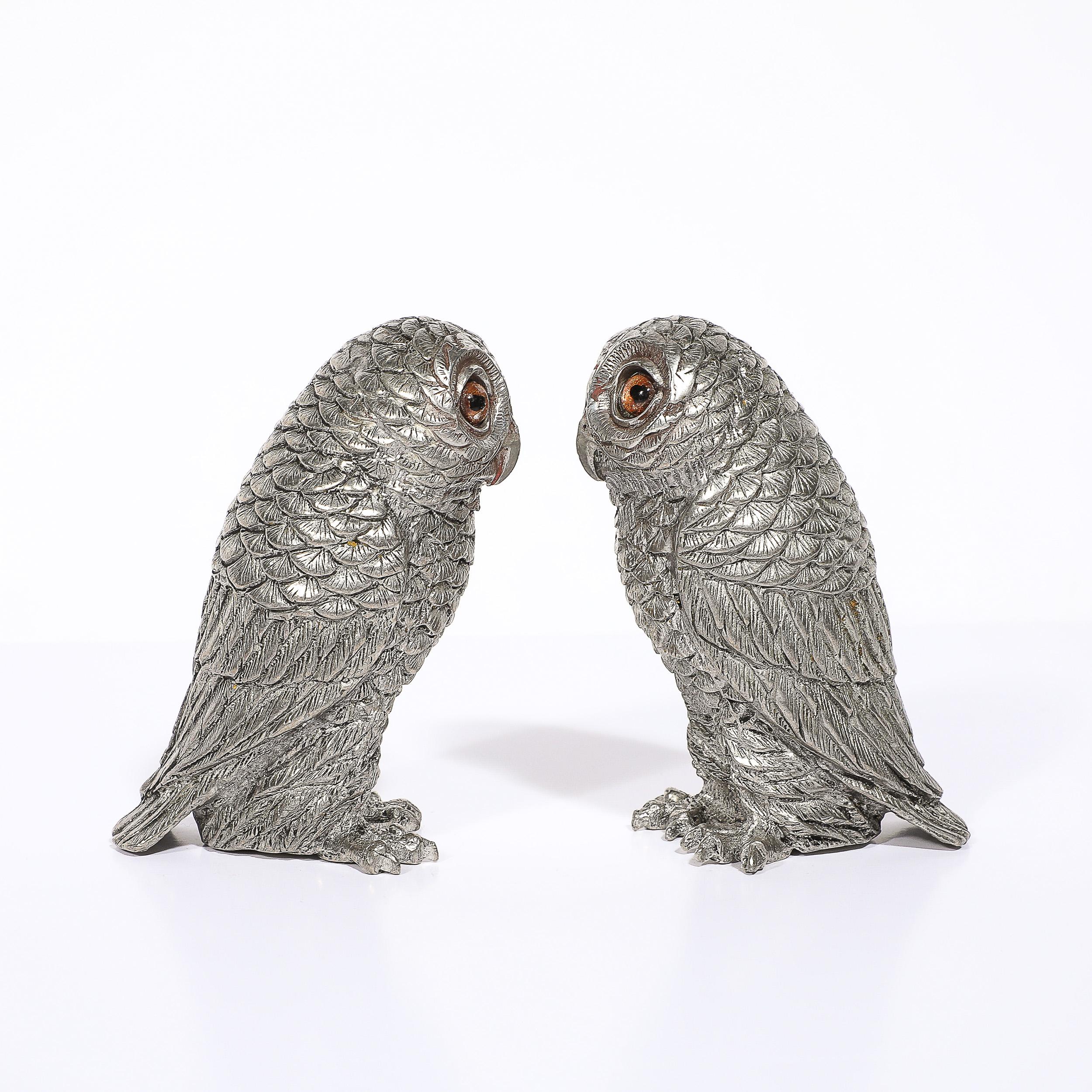 Modernist Polished Pewter and Amber Glass Owl Salt and Pepper Shakers 1