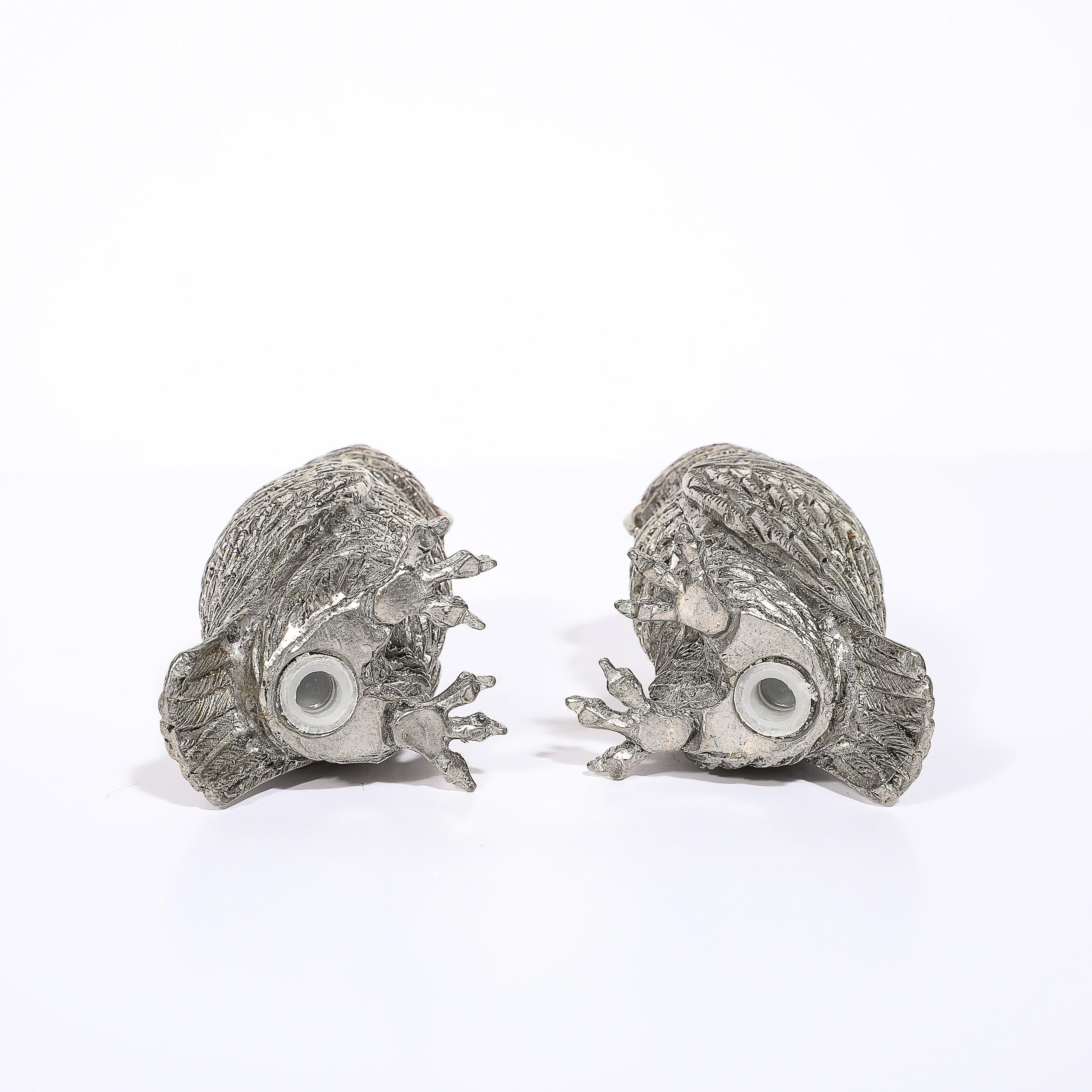 Modernist Polished Pewter and Amber Glass Owl Salt and Pepper Shakers 2