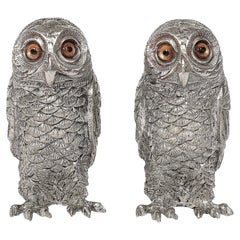 Vintage Modernist Polished Pewter and Amber Glass Owl Salt and Pepper Shakers