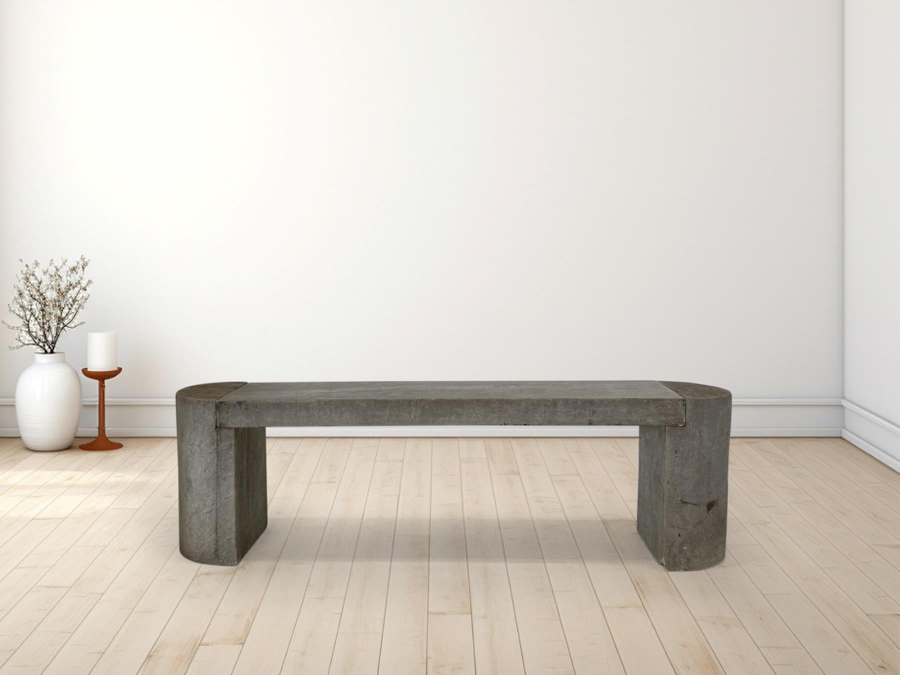 A modernist concrete bench seat with a lovely aged patina, suitable for interior or exterior use, the bench seat has great form and colour, and would make a wonderful feature piece.  The seat top (middle section) has a polished sealed surface with