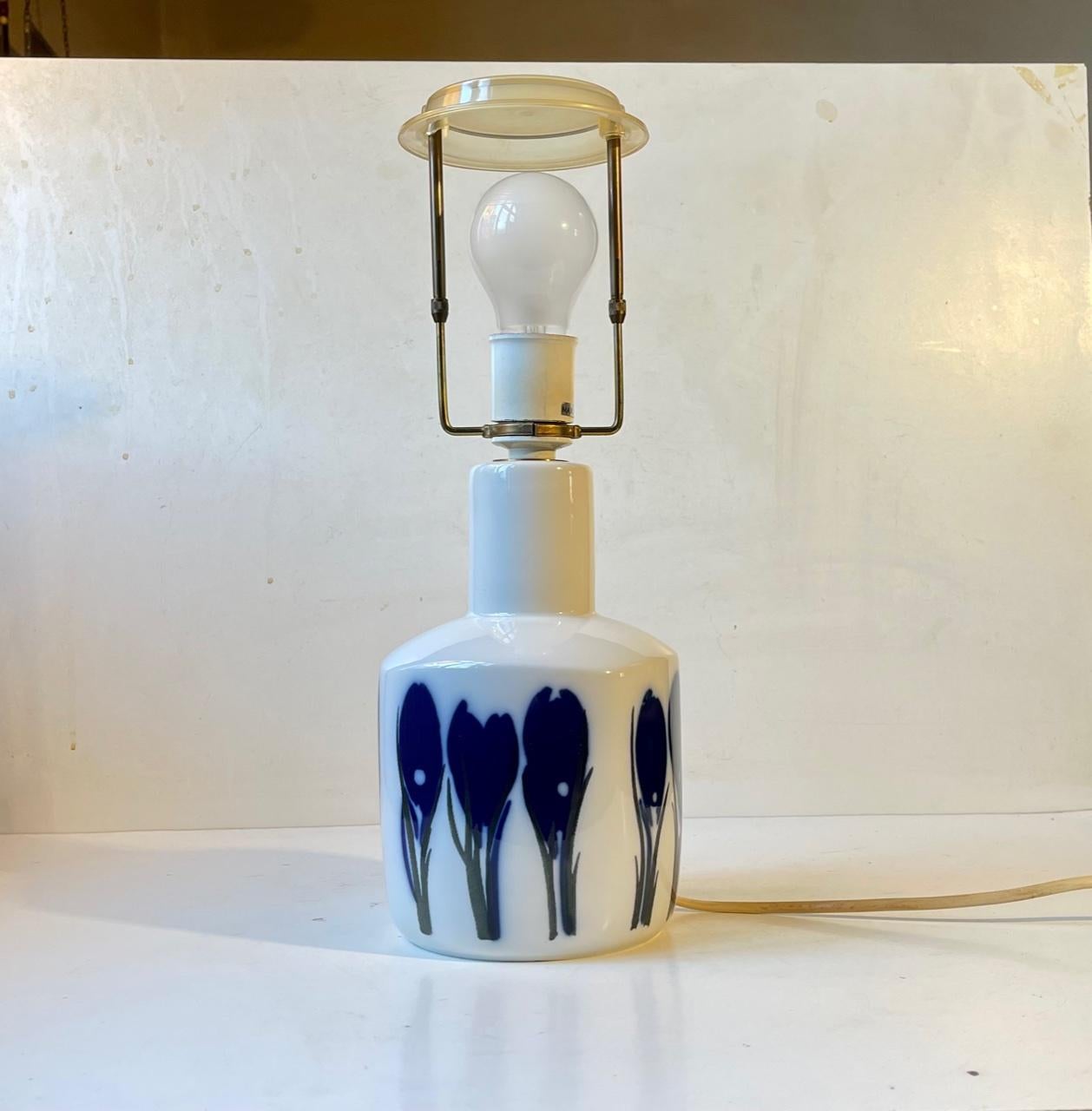 Glazed Modernist Porcelain Table Lamp with Blue Tulips, Bing & Grøndahl, 1970s