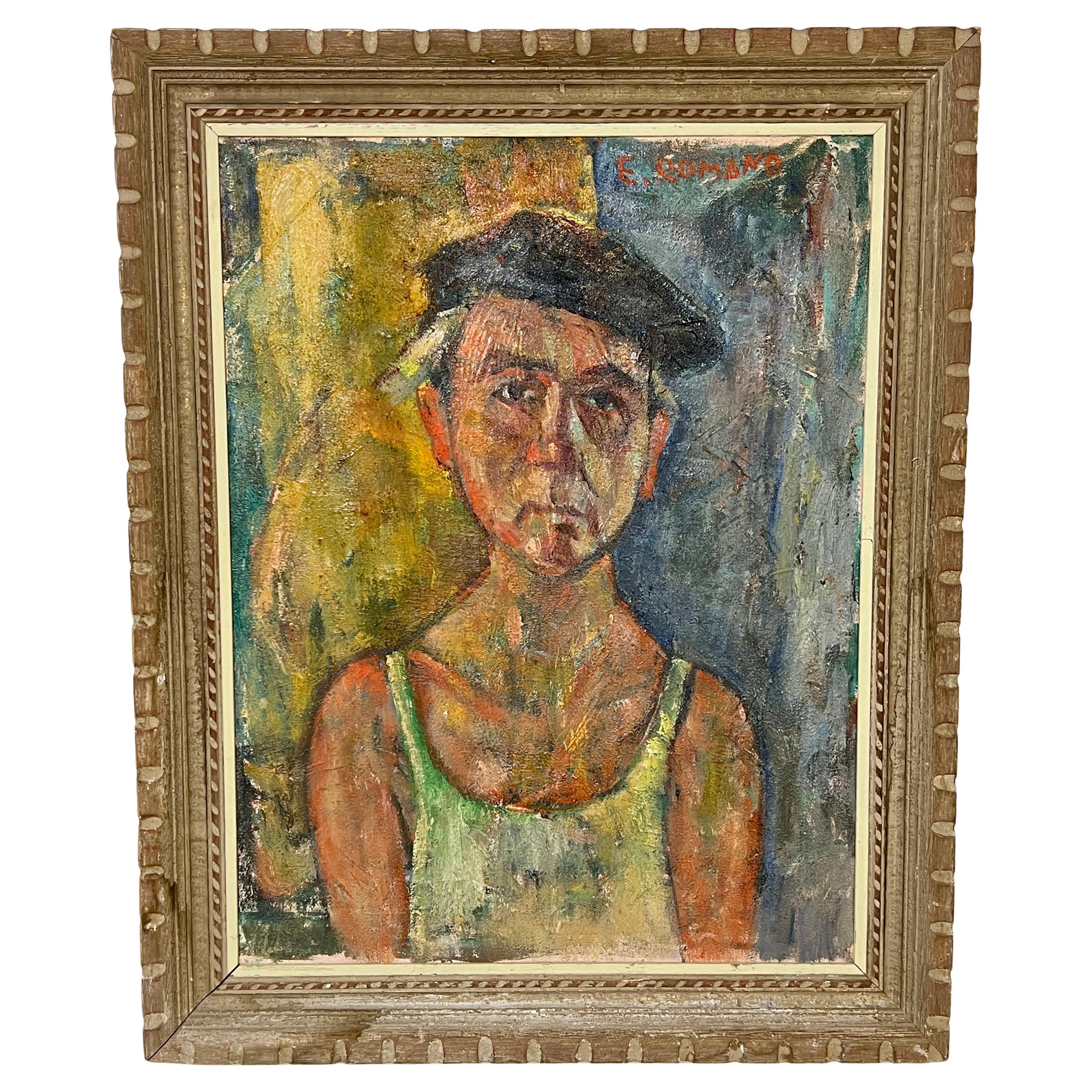 Modernist Portrait Of A Working Man By Emanuel Glicen Romano, CIrca 1950s