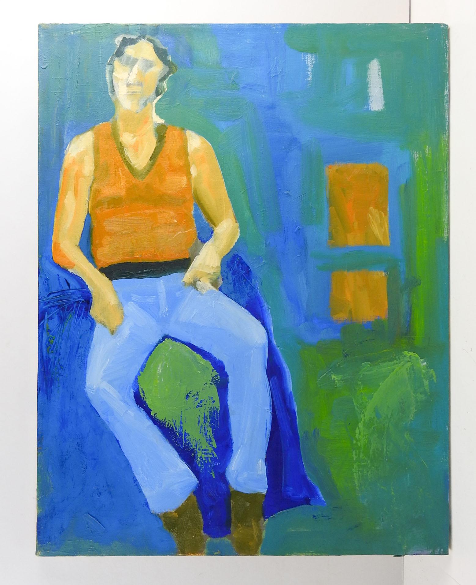 Huile sur toile, portrait moderniste d'un homme assis par Bruce W. Clements (1936-2008) Mass. Non signé par la succession de l'artiste. Non encadré.