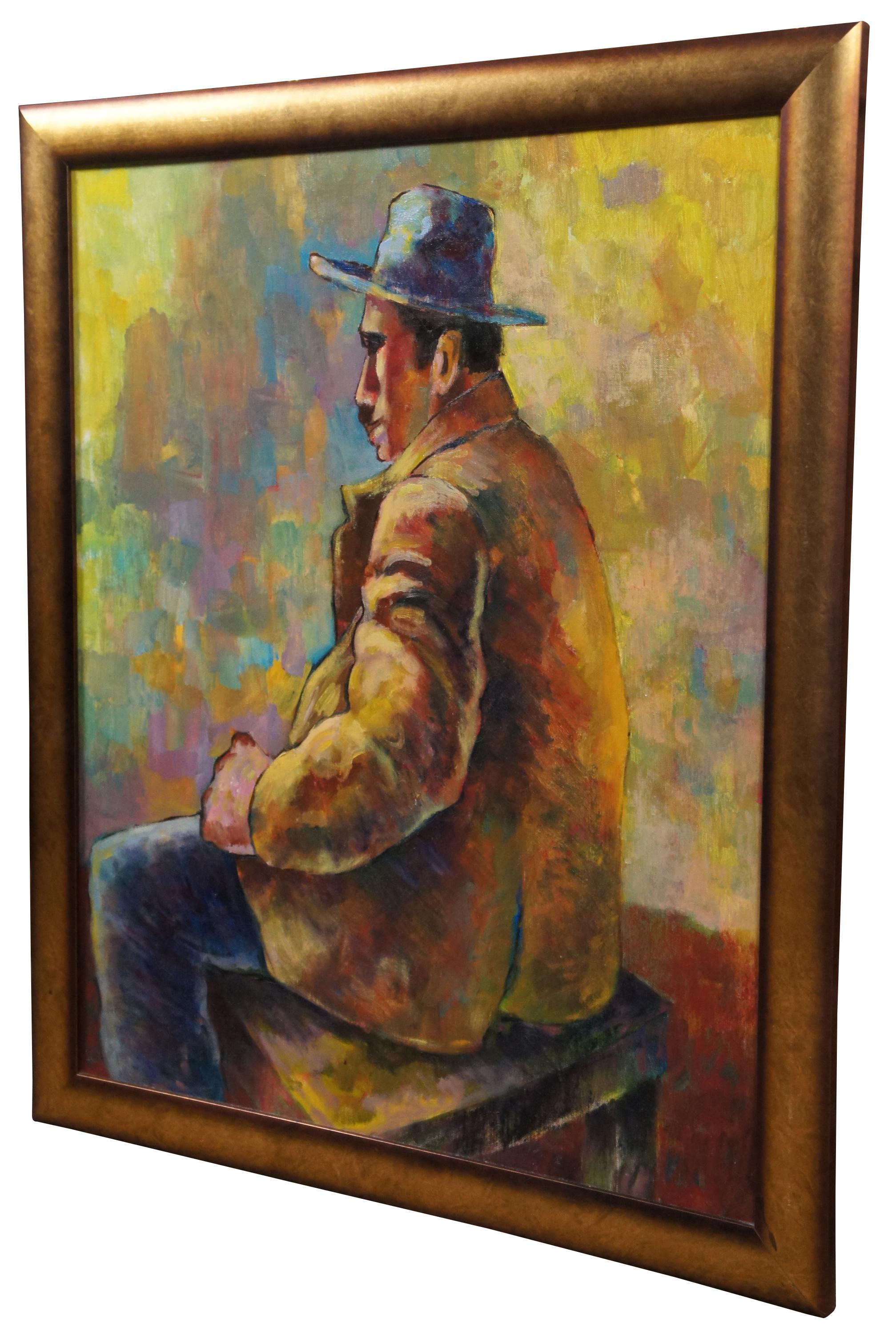 Vintage original oil on canvas board painting of a man in a hat and jacket with his back to the artist. From the estate of Louis Wolchonok.

Measures: Sans frame - 23” x 29”, 33