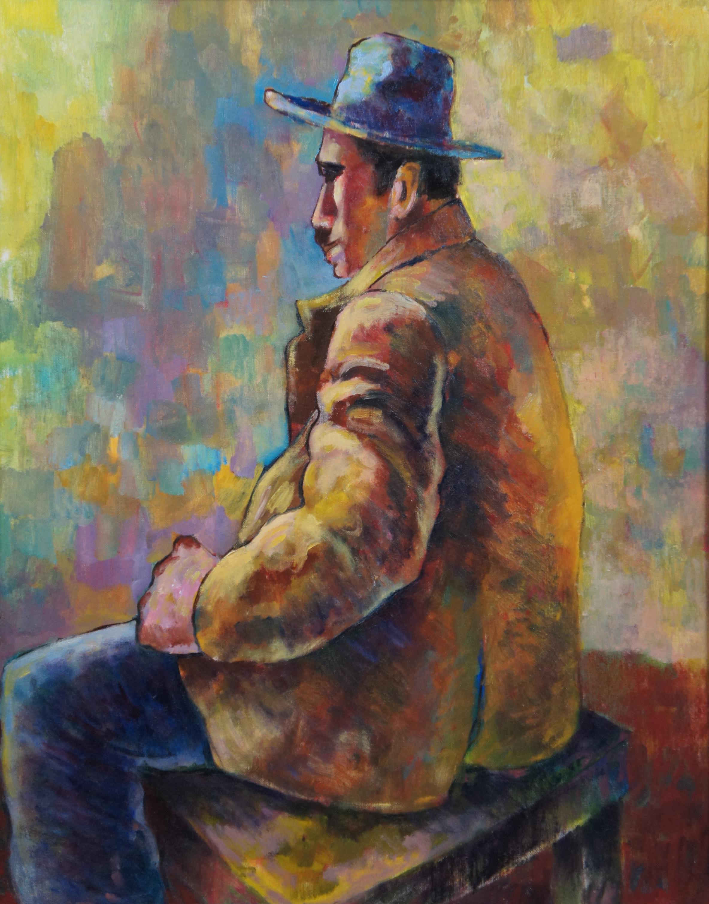 Modernistisches Porträtgemälde, Öl auf Leinwand, sitzender Mann, Louis Wolchonok, Nachlass im Angebot 1