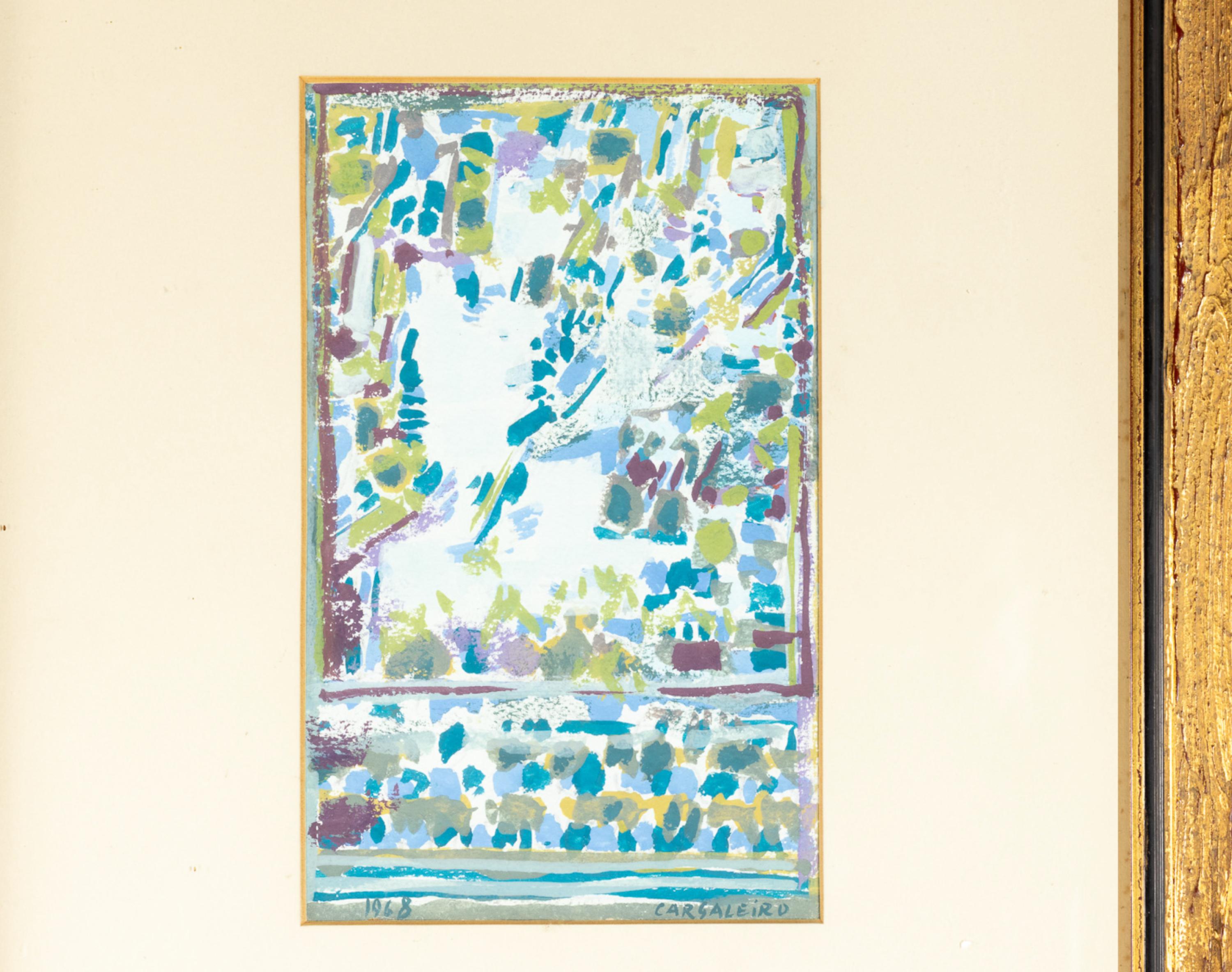 Une aquarelle moderniste à motifs bleus et verts du maître peintre portugais Manuel Cargaleiro, signée, datée et authentifiée - 1968. 

Sur la scène artistique mondiale, Manuel Gaines s'est fait connaître en exposant ses œuvres au Brésil, au Japon