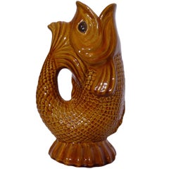 Modernist Portuguese Majolica Amber Glazed Ceramic Gurgle Fish Jug/ Tall Pitcher