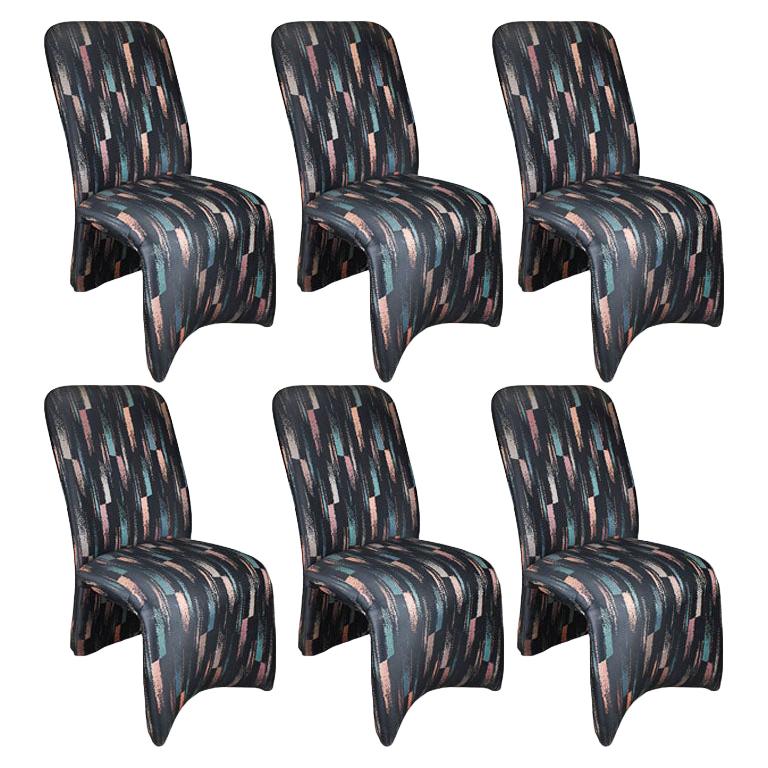 Modernist Postmodern Sculptural Ribbon Ikat Dining Chairs, Set of 6