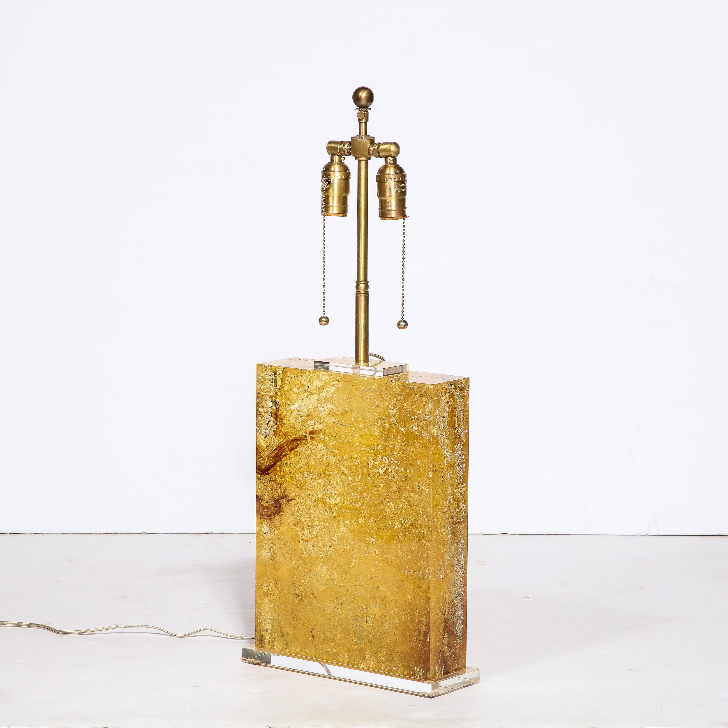 20th Century Modernist Pressed Lucite Table Lamp in Fractured Gold and Amber For Sale