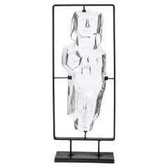 Modernist Primitive Sculpture of Mother with Child in Translucent Glass & Steel