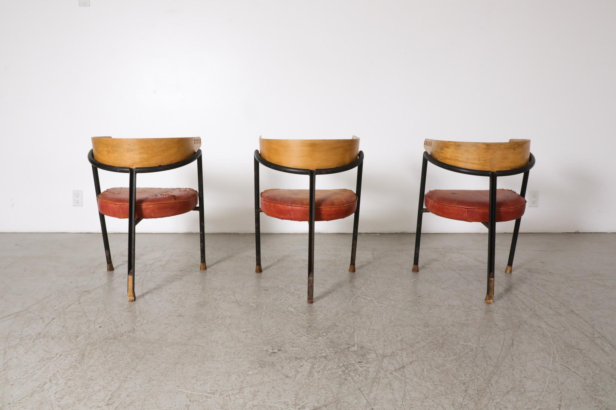 Modernist Prouve Style 3-Legged Black Enameled Metal Dining Chairs In Good Condition In Los Angeles, CA