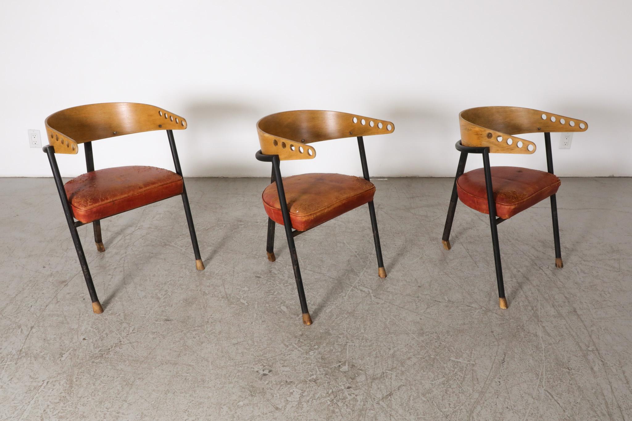 Mid-20th Century Modernist Prouve Style 3-Legged Black Enameled Metal Dining Chairs
