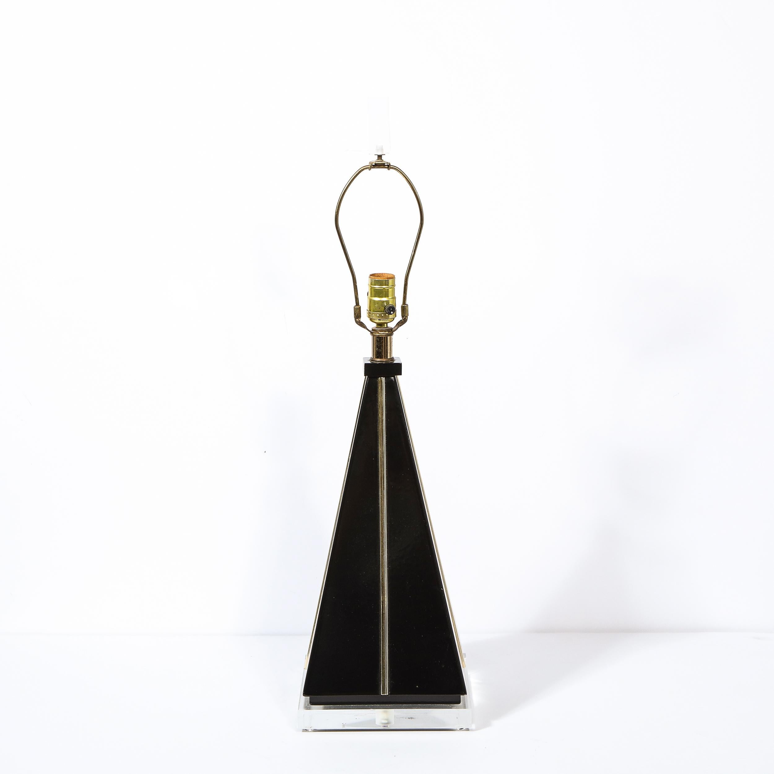 Modernist Pyramidal Black Lacquer, Gilded Resin & Lucite Table Lamp 4