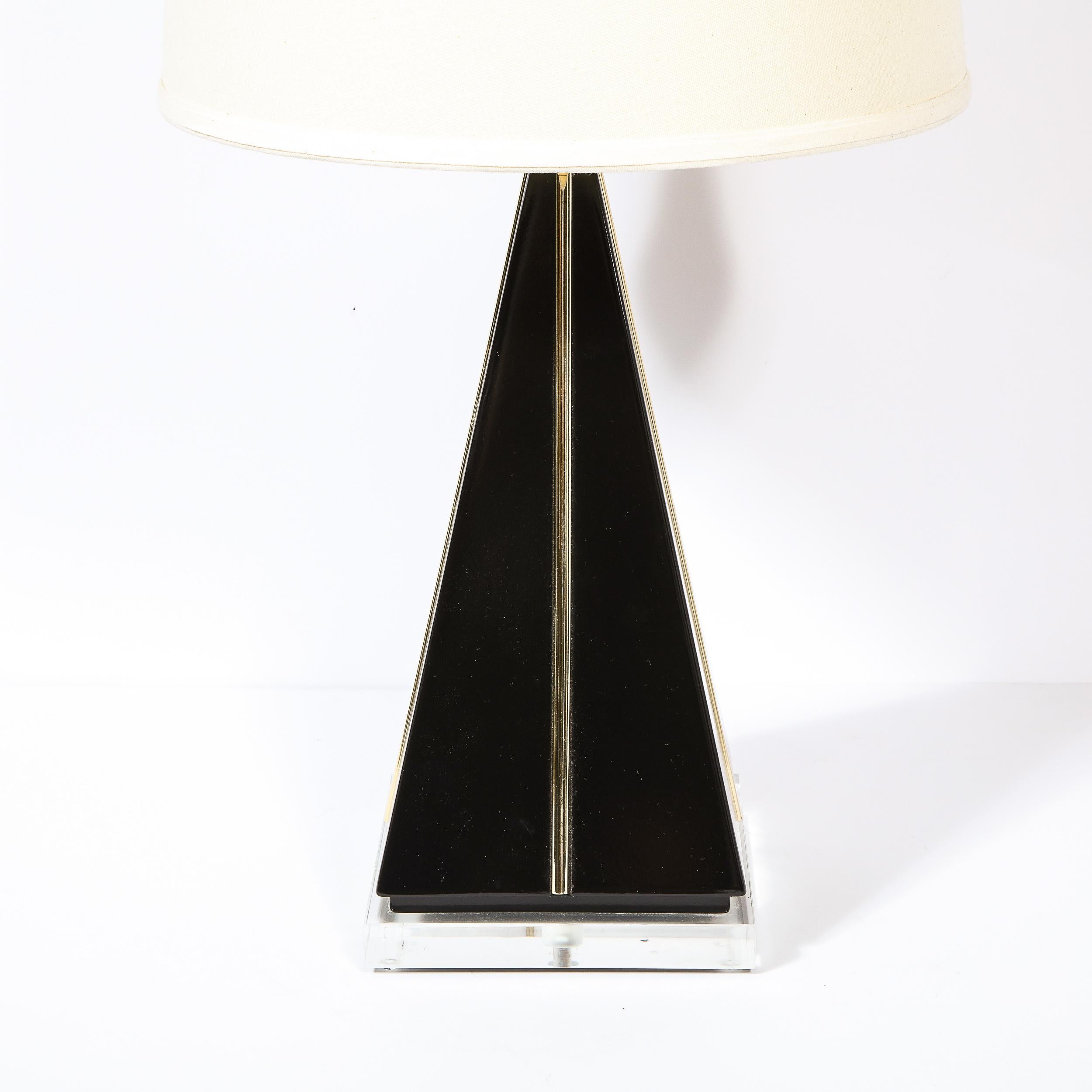 Mid-Century Modern Modernist Pyramidal Black Lacquer, Gilded Resin & Lucite Table Lamp