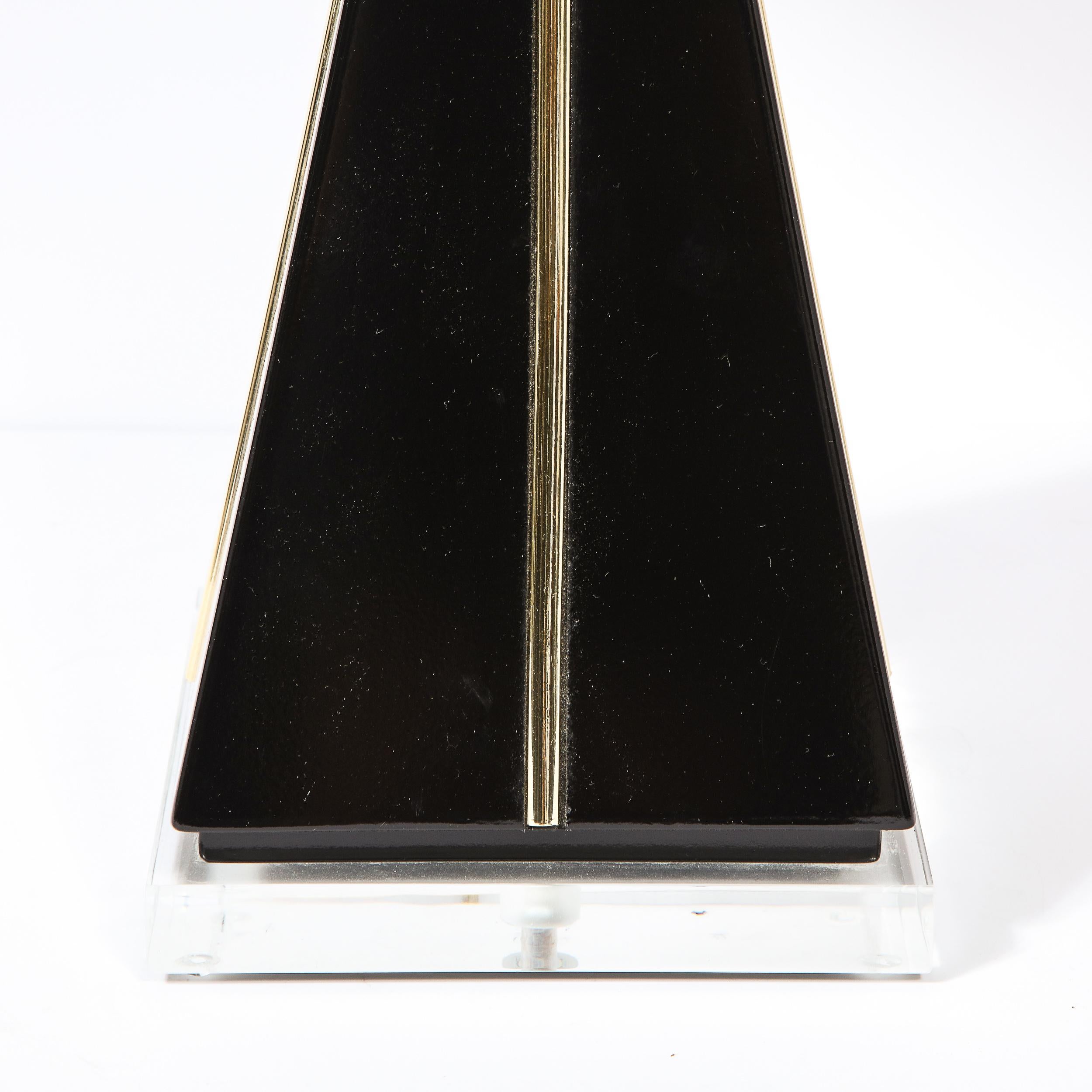 American Modernist Pyramidal Black Lacquer, Gilded Resin & Lucite Table Lamp