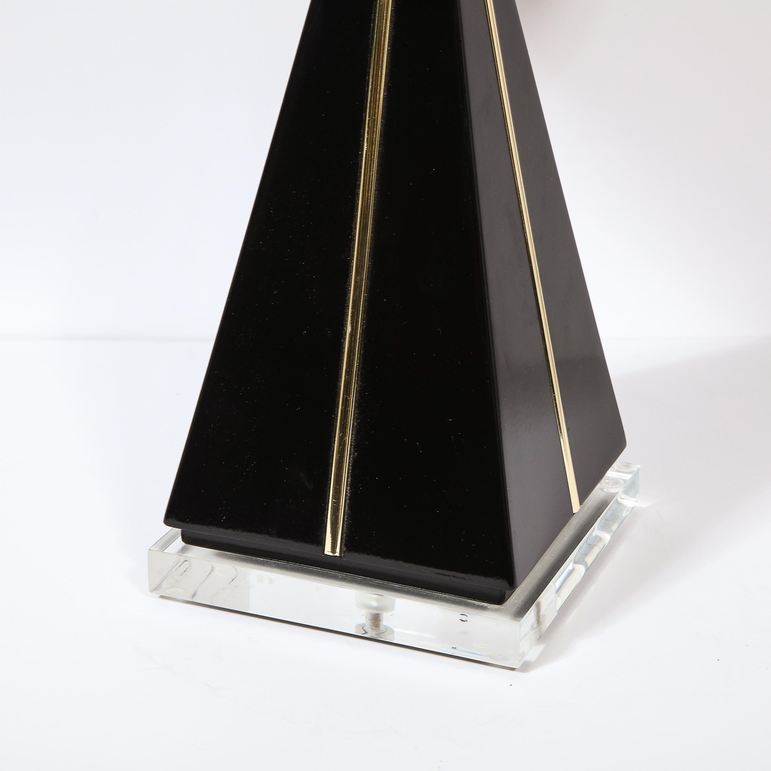 20th Century Modernist Pyramidal Black Lacquer, Gilded Resin & Lucite Table Lamp