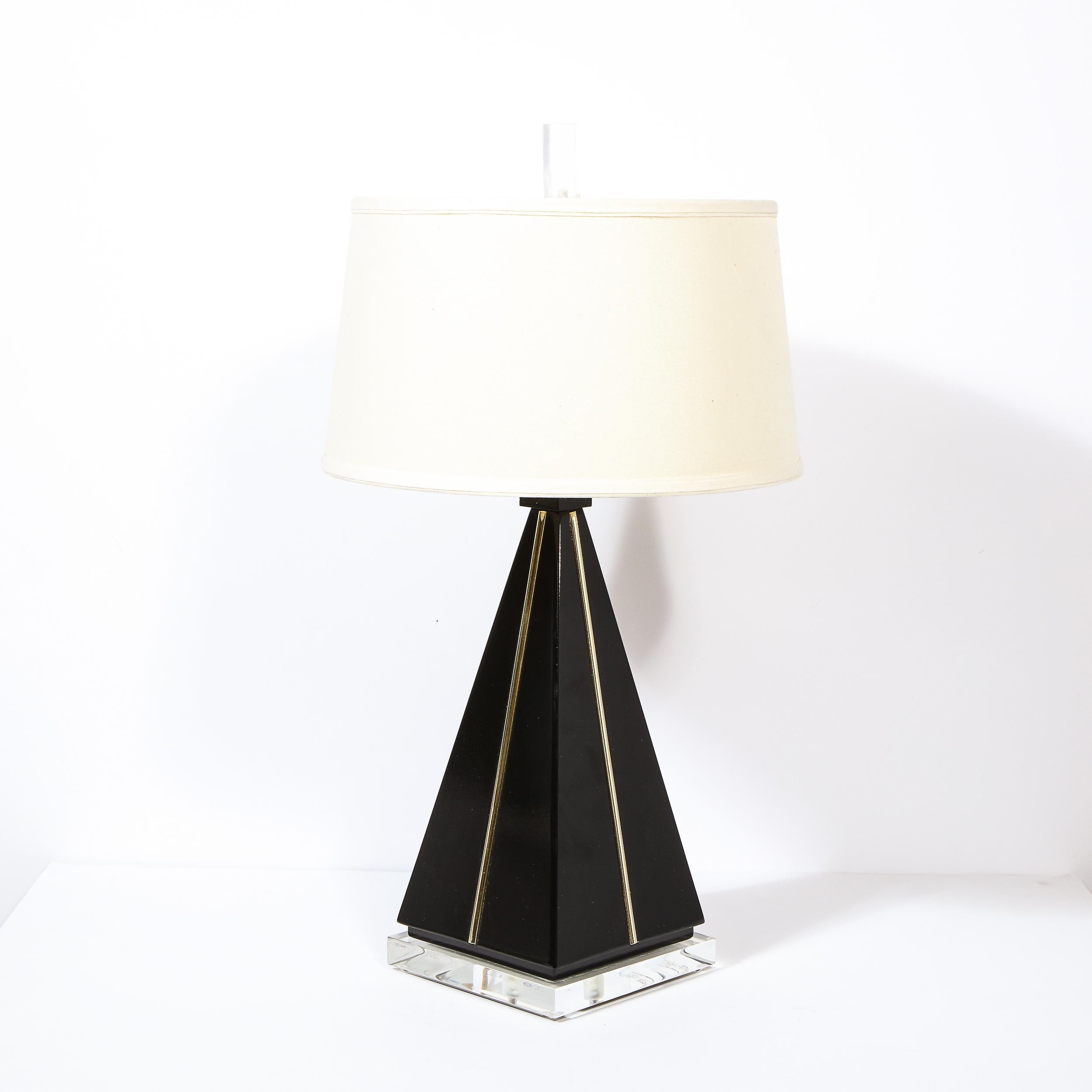 Modernist Pyramidal Black Lacquer, Gilded Resin & Lucite Table Lamp 1