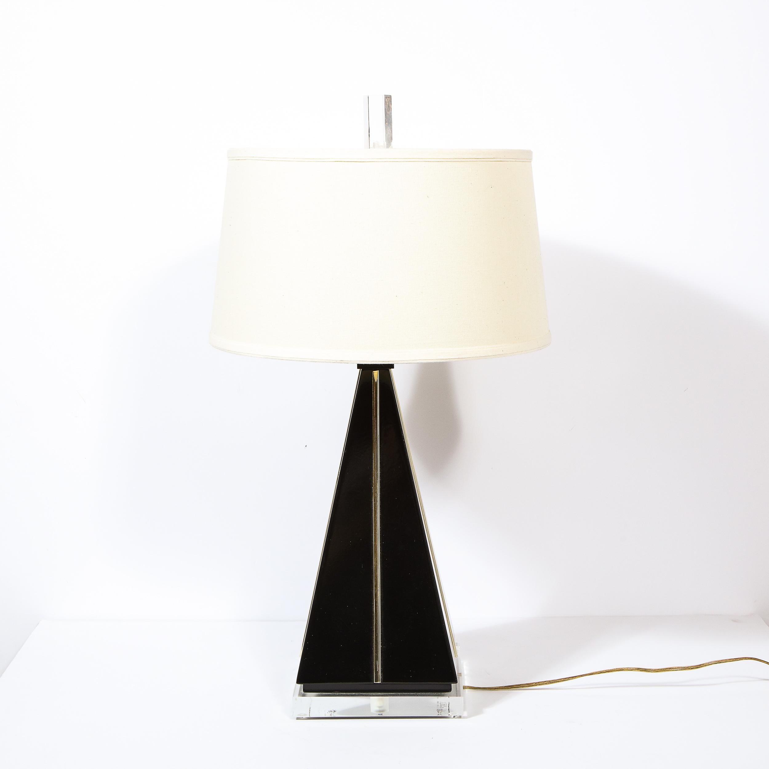 Modernist Pyramidal Black Lacquer, Gilded Resin & Lucite Table Lamp 2